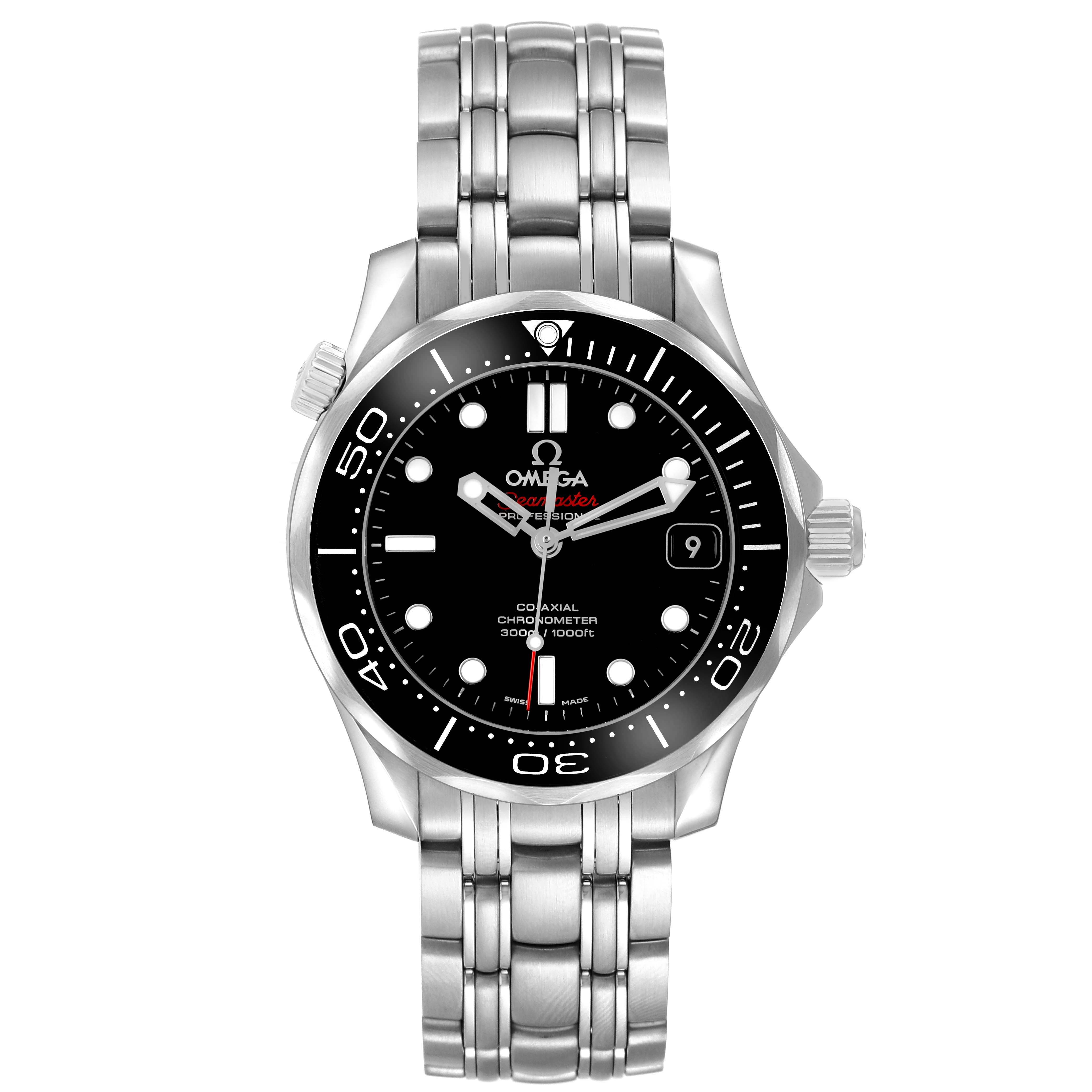 The Omega Seamaster 212.30.36.20.01.002 Men's Stainless Steel Black Dial watch is shown from a front view, displaying its dial, bezel, bracelet, and crown.