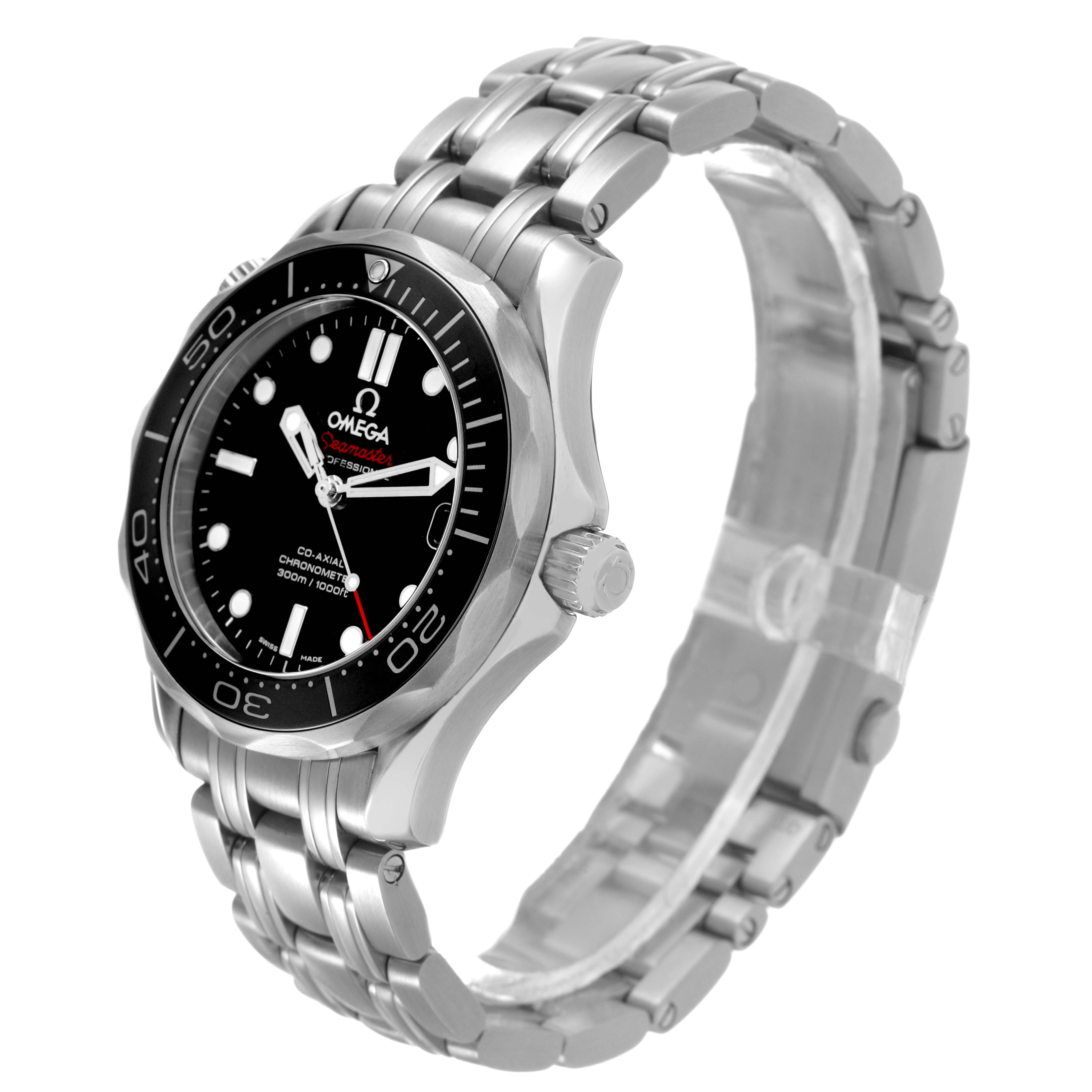 The Omega Seamaster 212.30.36.20.01.002 Men's Stainless Steel Black Dial watch is shown at a three-quarter angle, displaying the face, bezel, crown, and bracelet.