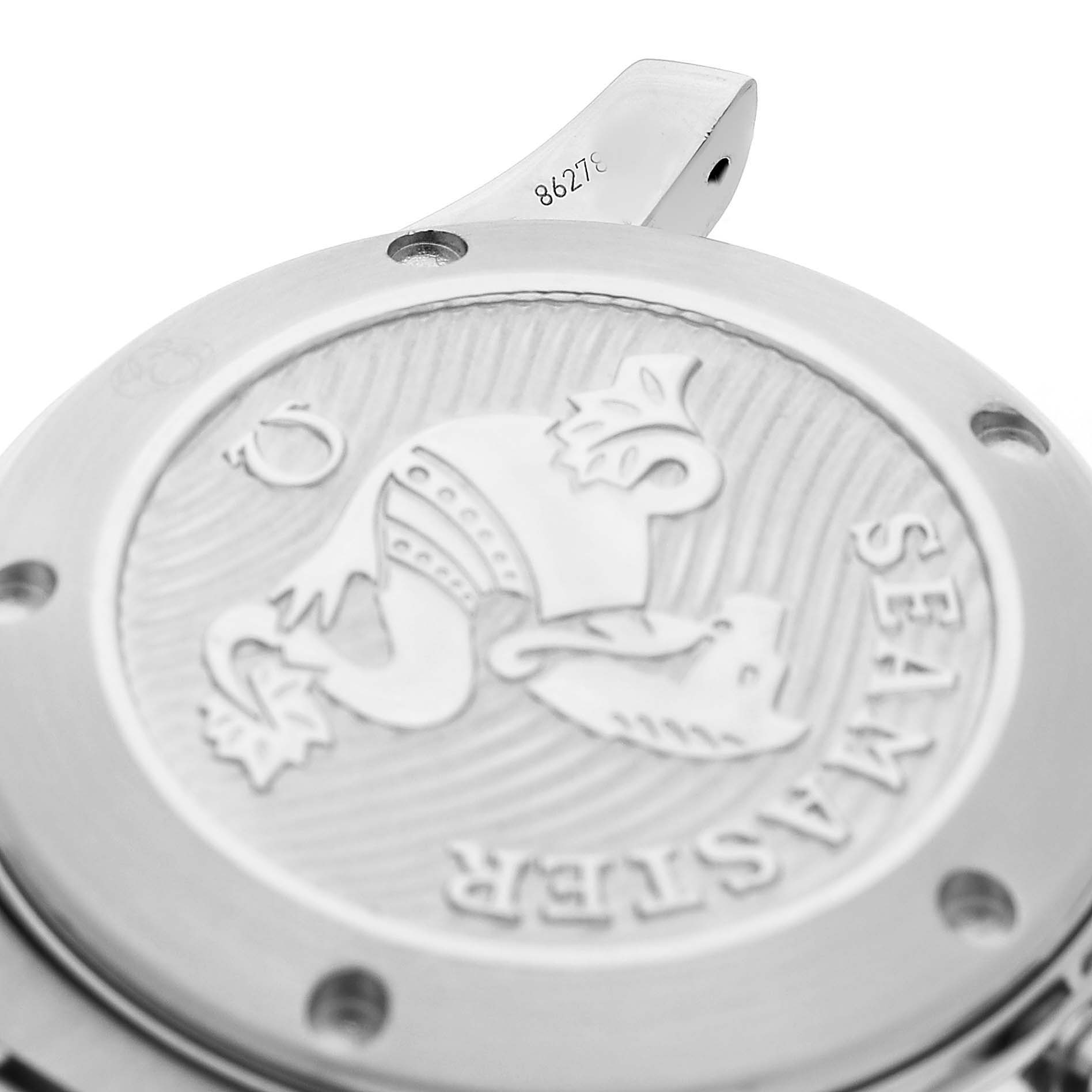 The image shows a close-up of the Omega Seamaster 212.30.36.20.01.002 Men's Stainless Steel Black Dial watch case back, featuring its embossed logo.