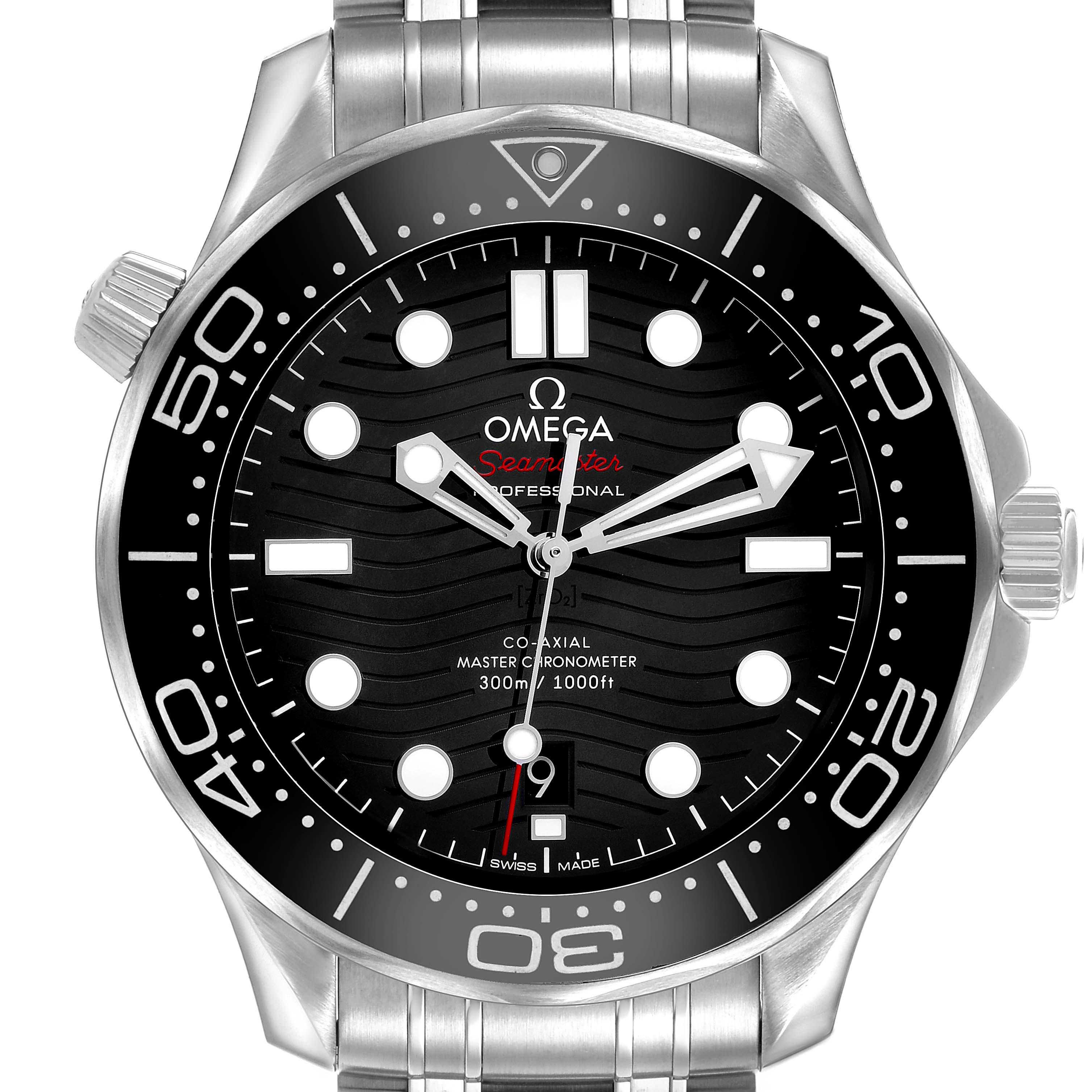 The Omega Seamaster 210.30.42.20.01.001 Men's Stainless Steel Black Dial watch is shown from the front, highlighting its face, bezel, and stainless steel bracelet.