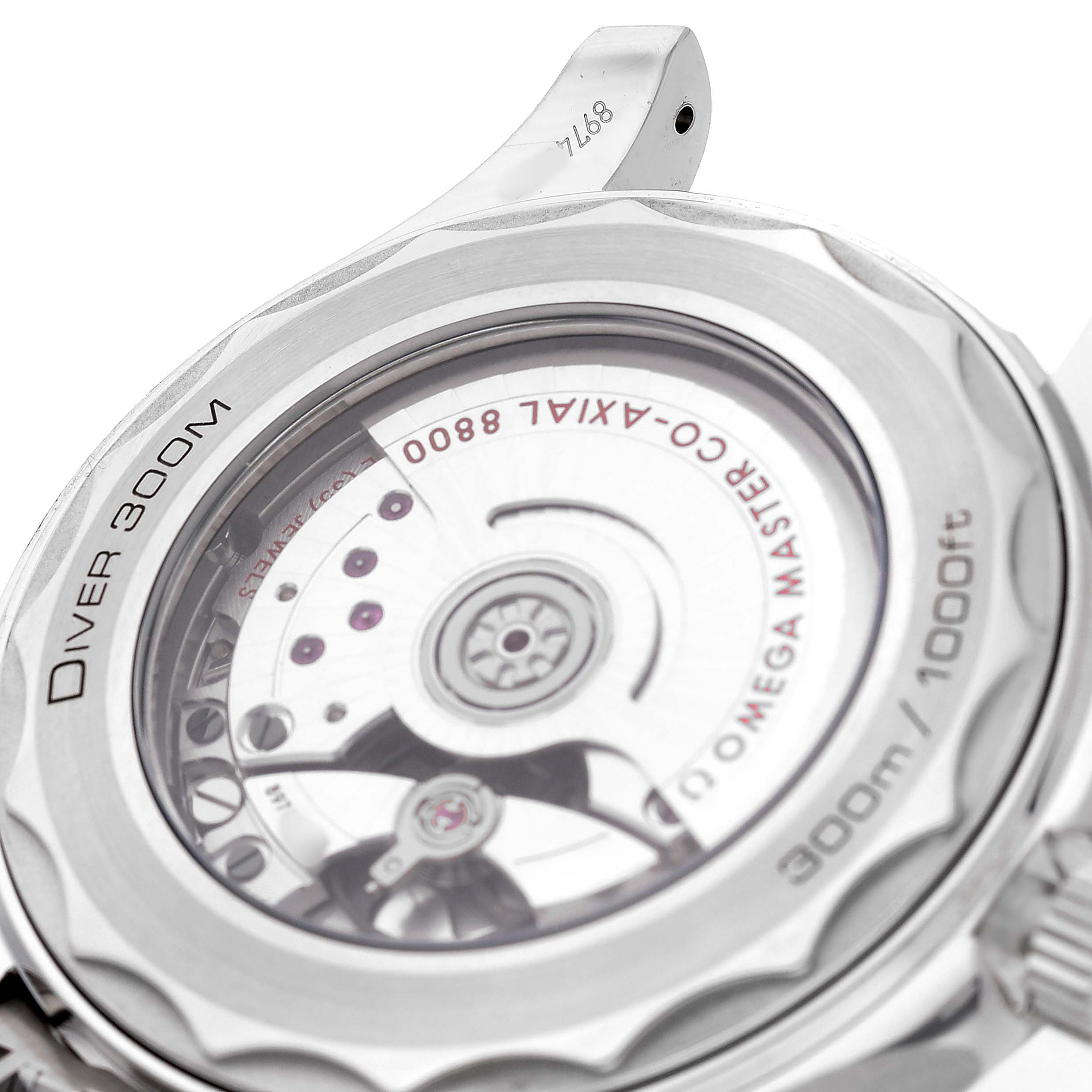The Omega Seamaster 210.30.42.20.01.001 Men's Stainless Steel Black Dial model is shown from the back, highlighting the transparent case back and movement details.