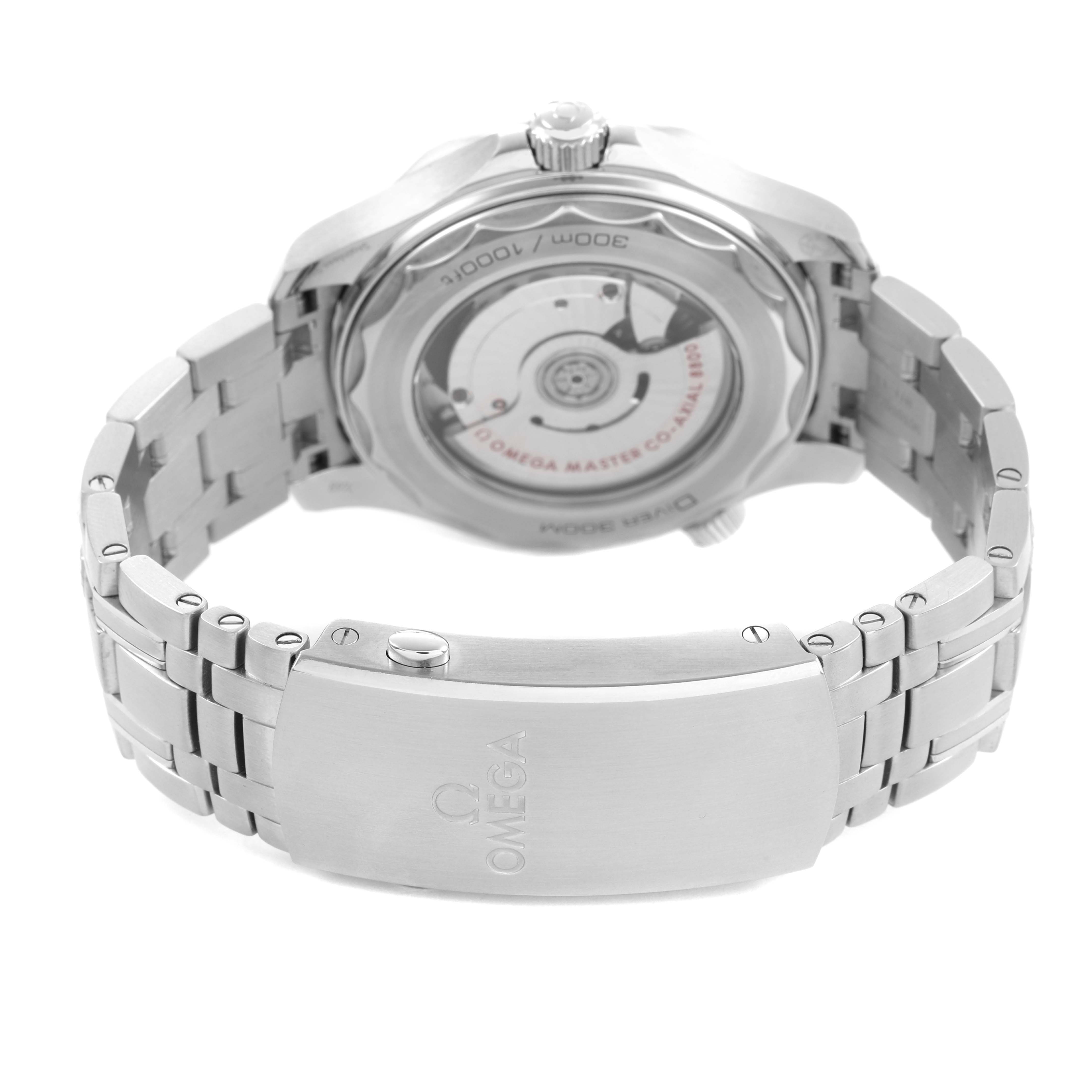 The image shows the back view of an Omega Seamaster 210.30.42.20.01.001 Men's Stainless Steel Black Dial watch, displaying the case back and metal bracelet with the Omega logo on the clasp.