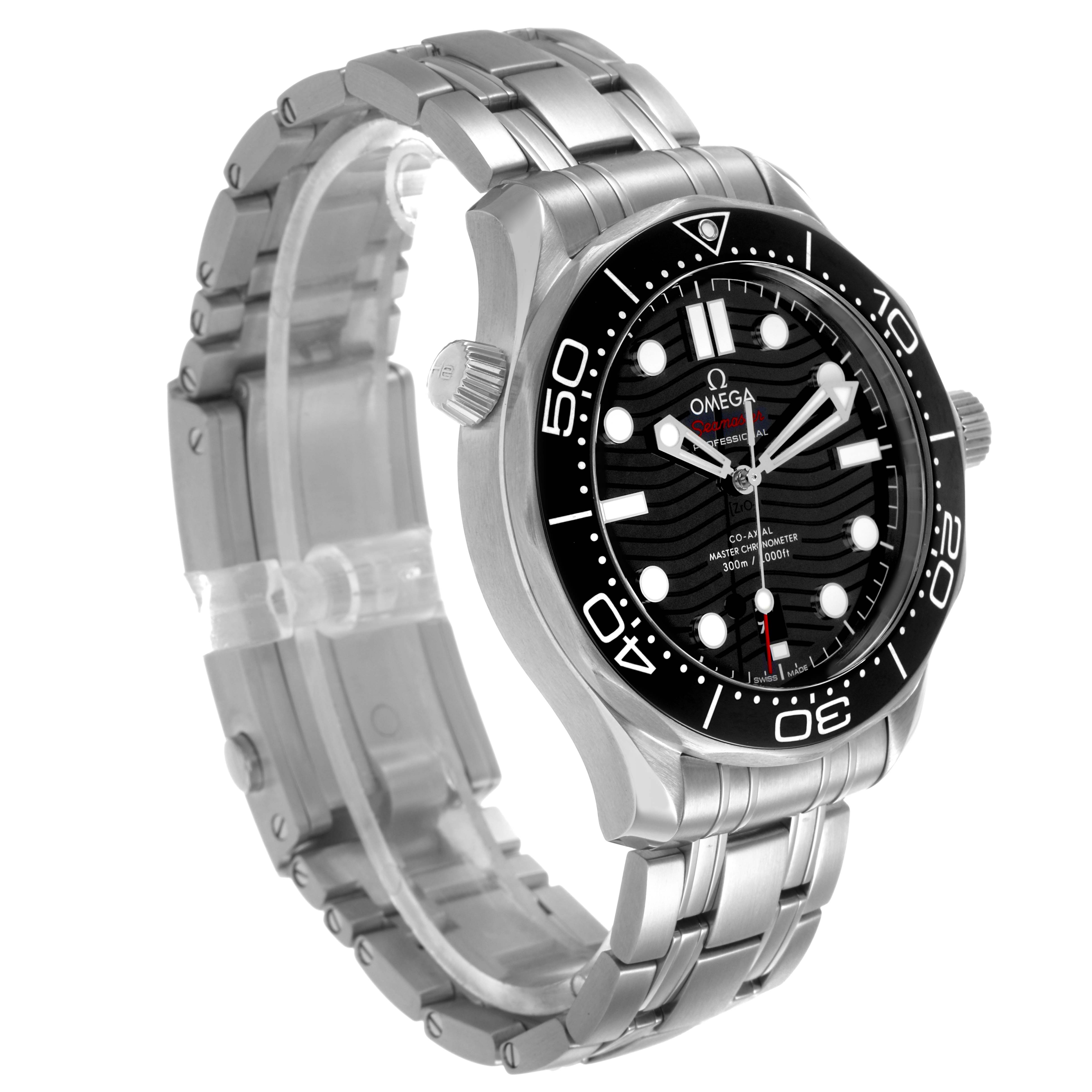 The image shows an Omega Seamaster 210.30.42.20.01.001 Men's Stainless Steel Black Dial watch from a side angle, highlighting the bezel, face, case, crown, and bracelet.