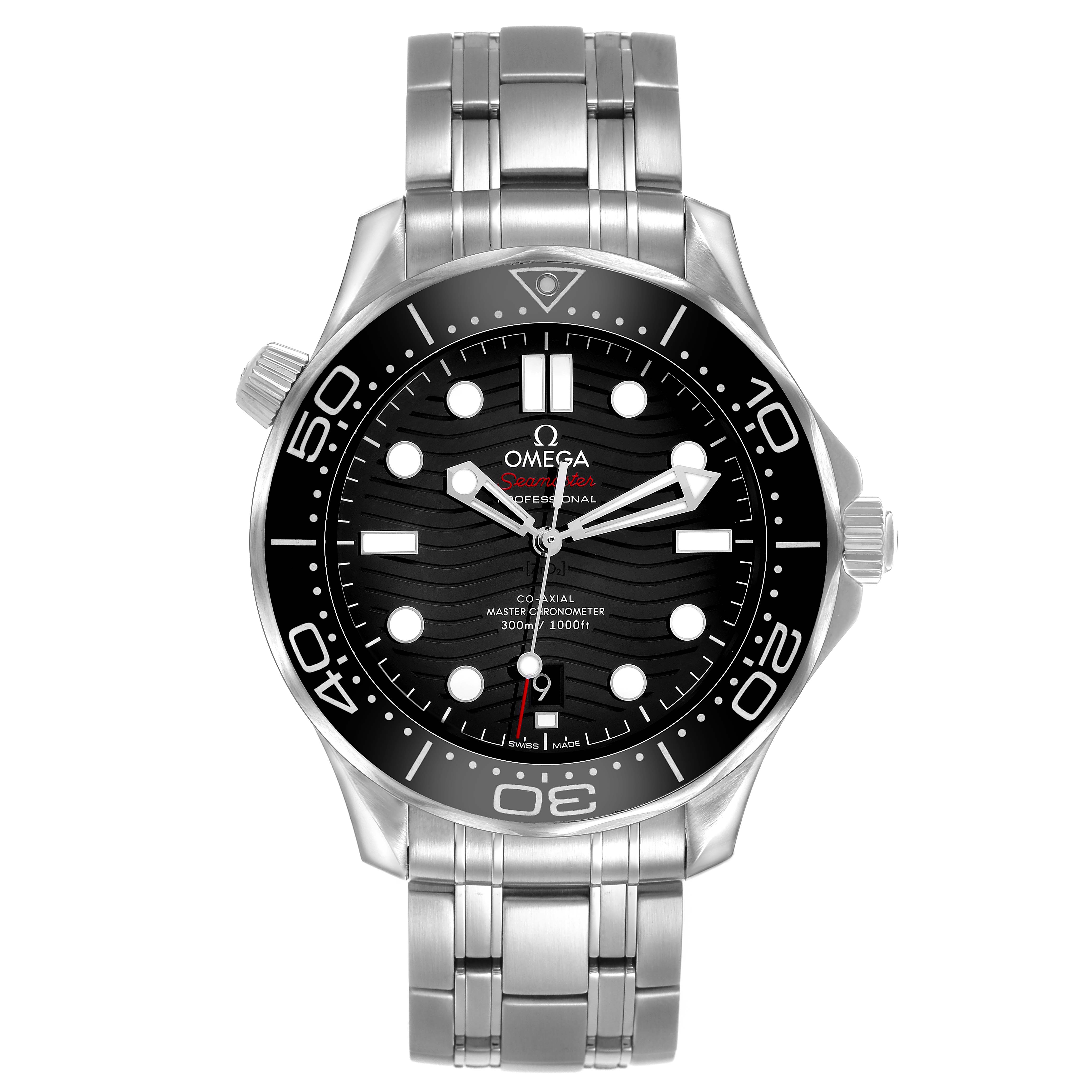 The Omega Seamaster 210.30.42.20.01.001 Men's Stainless Steel Black Dial watch is shown from a straight-on angle, displaying the face, bezel, and part of the bracelet.