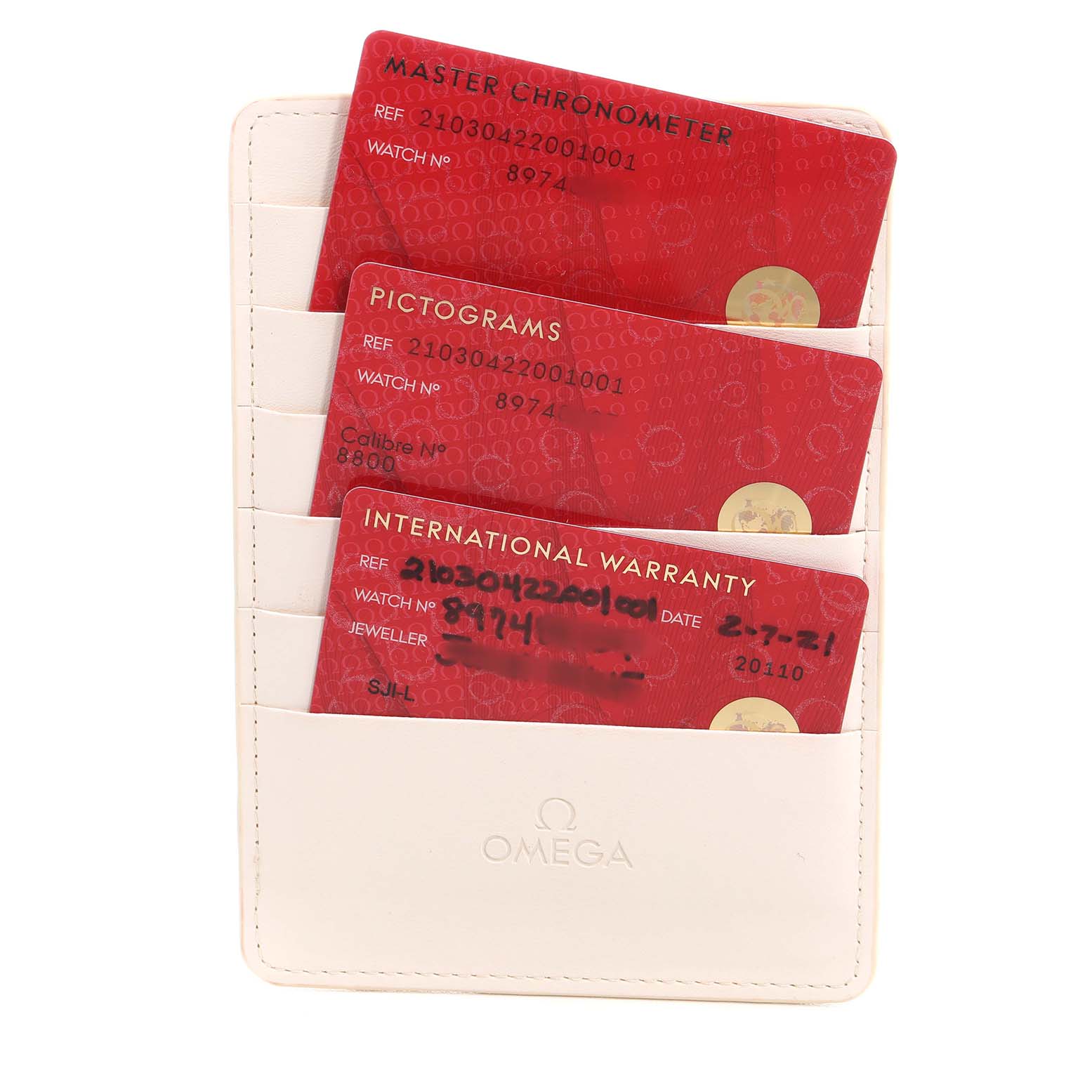 The image shows a holder with red cards for the Omega Seamaster 210.30.42.20.01.001 Men's Stainless Steel Black Dial model, including warranty and chronometer certificates.
