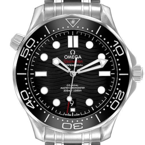The Omega Seamaster 210.30.42.20.01.001 Men's Stainless Steel Black Dial watch is shown from the front, highlighting its dial, bezel, and bracelet links.