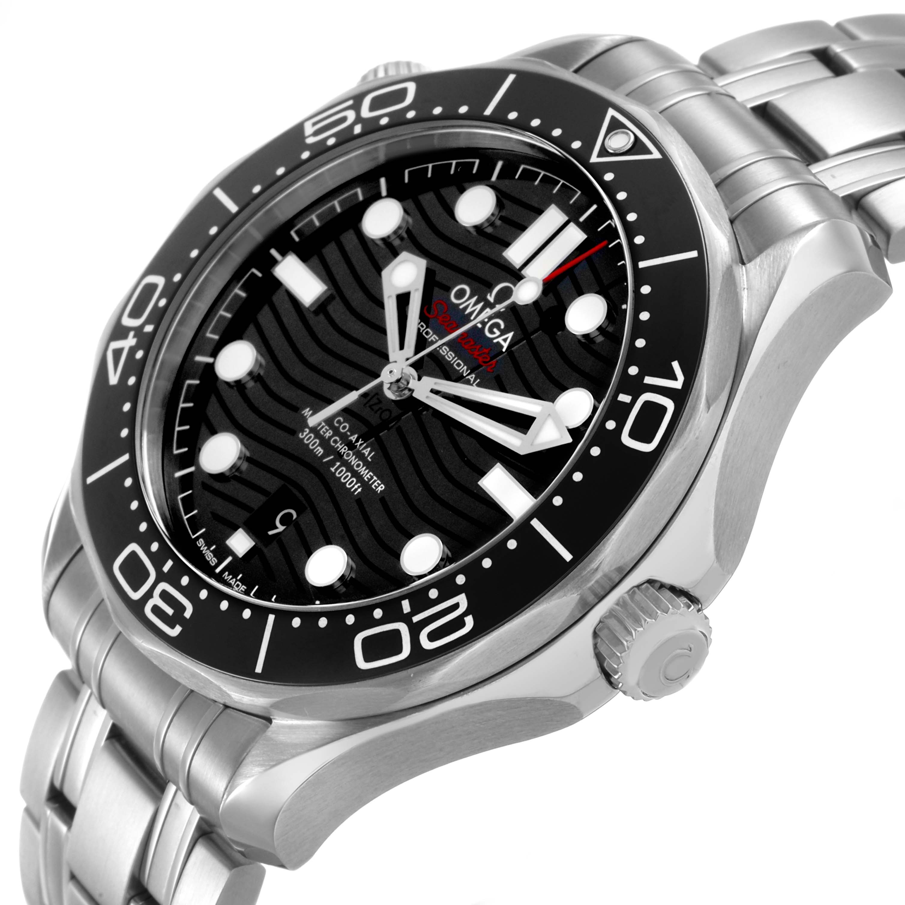 The Omega Seamaster 210.30.42.20.01.001 Men's Stainless Steel Black Dial is shown at an angled side view, highlighting its bezel, dial, bracelet, and crown.