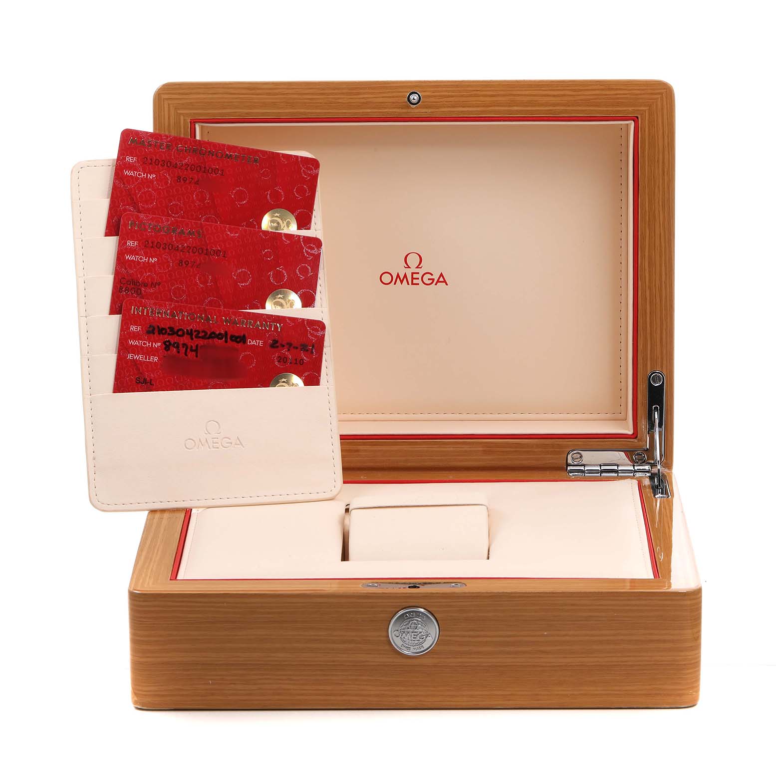 The image shows an open Omega Seamaster 210.30.42.20.01.001 Men's Stainless Steel Black Dial box with red cards in a leather pouch, viewed from the front.