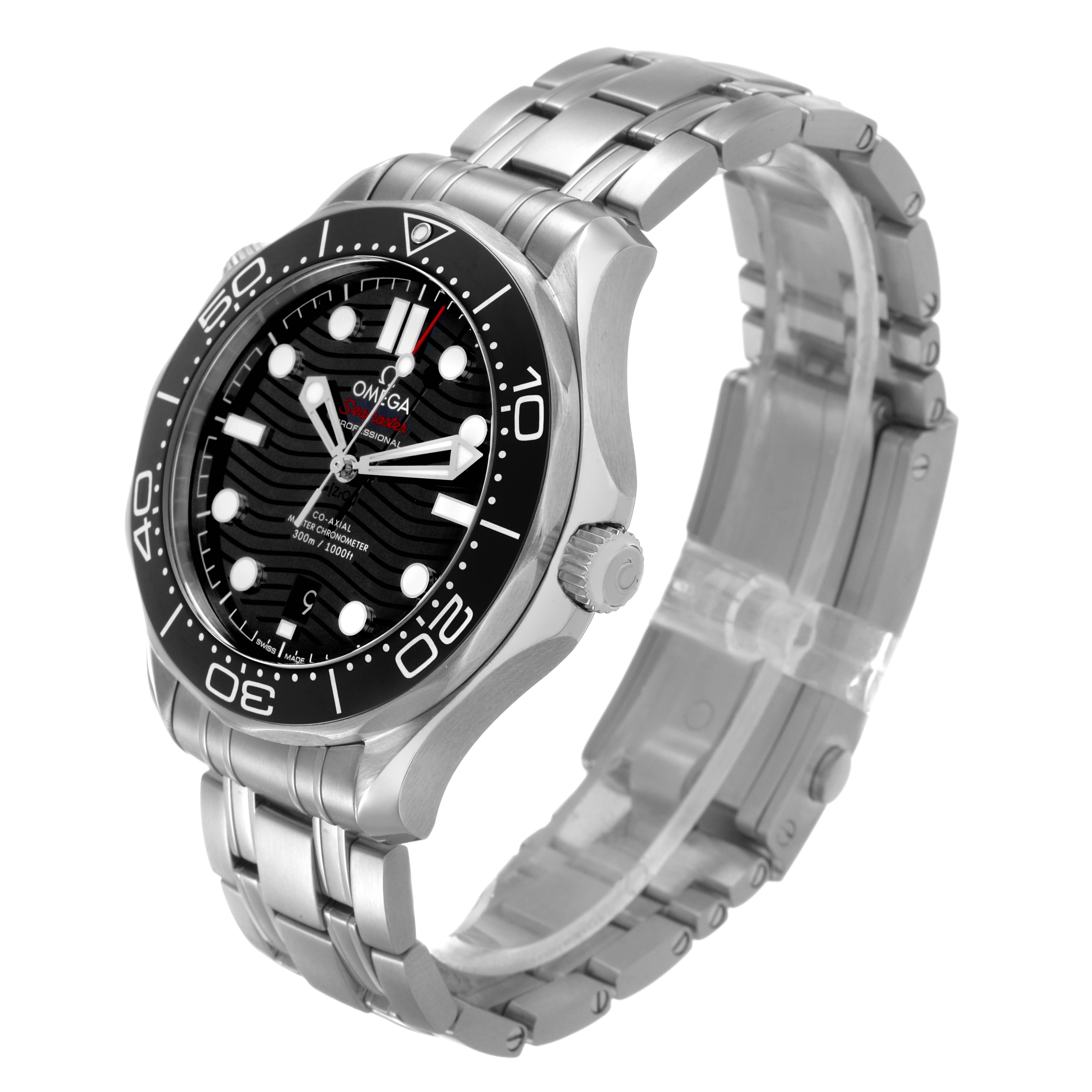 The Omega Seamaster 210.30.42.20.01.001 Men's Stainless Steel Black Dial watch is shown at a three-quarter angle, highlighting the face, bezel, and stainless steel bracelet.