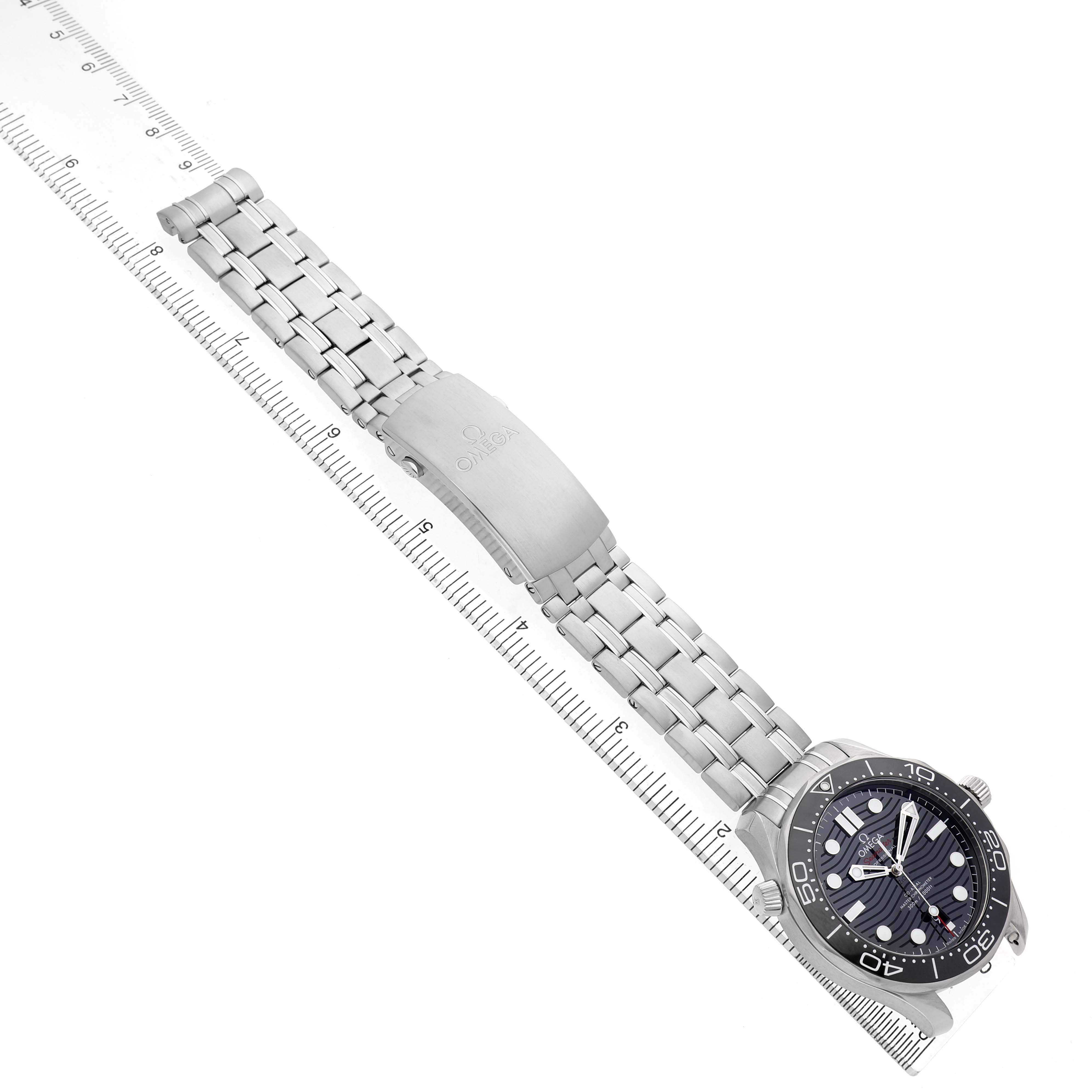 The Omega Seamaster 210.30.42.20.01.001 Men's Stainless Steel Black Dial watch is shown at a diagonal angle, displaying its bracelet, clasp, and face.