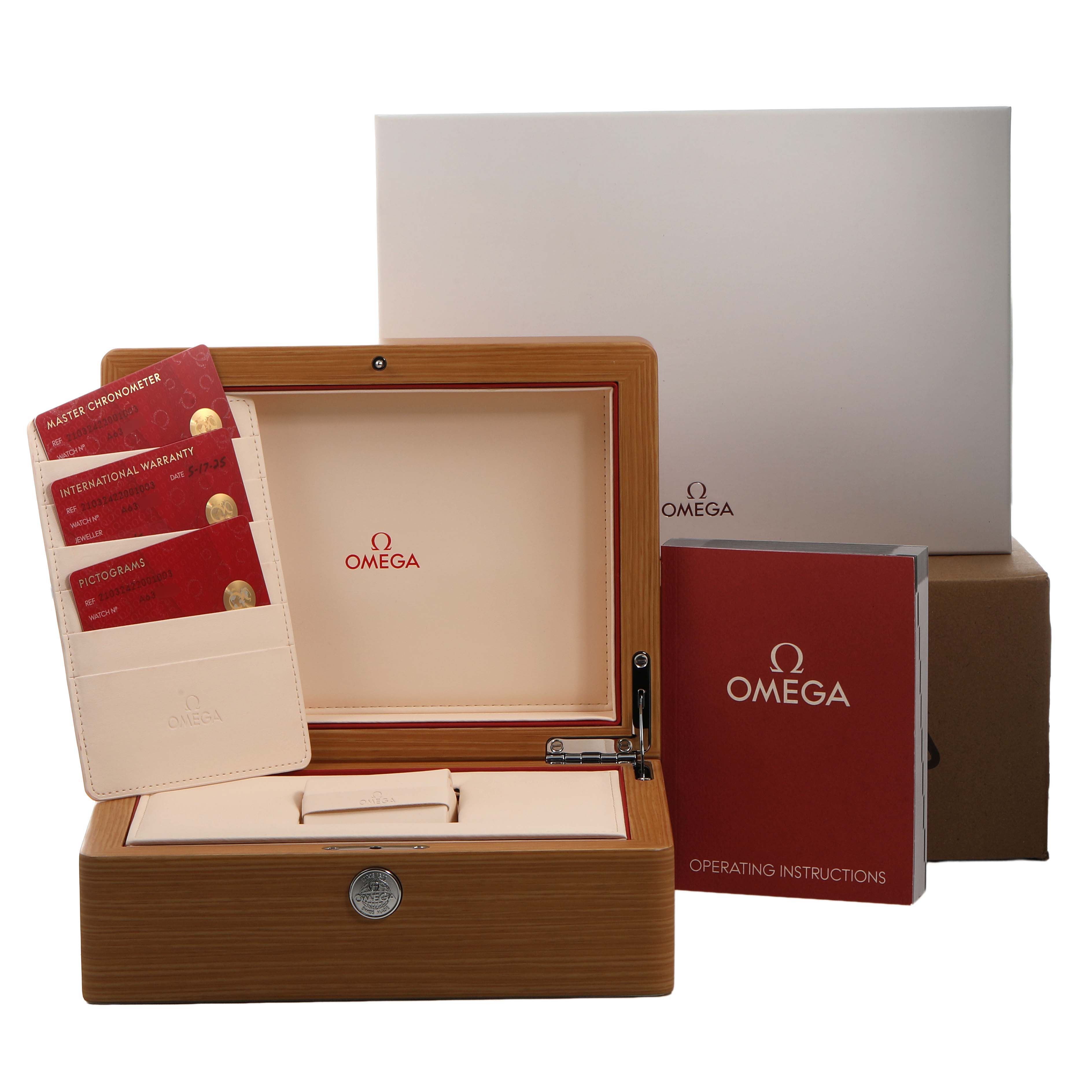 The image shows the Omega Seamaster 210.32.42.20.01.003 Men's Stainless Steel Black Dial's opened presentation box, warranty cards, and operating instructions.