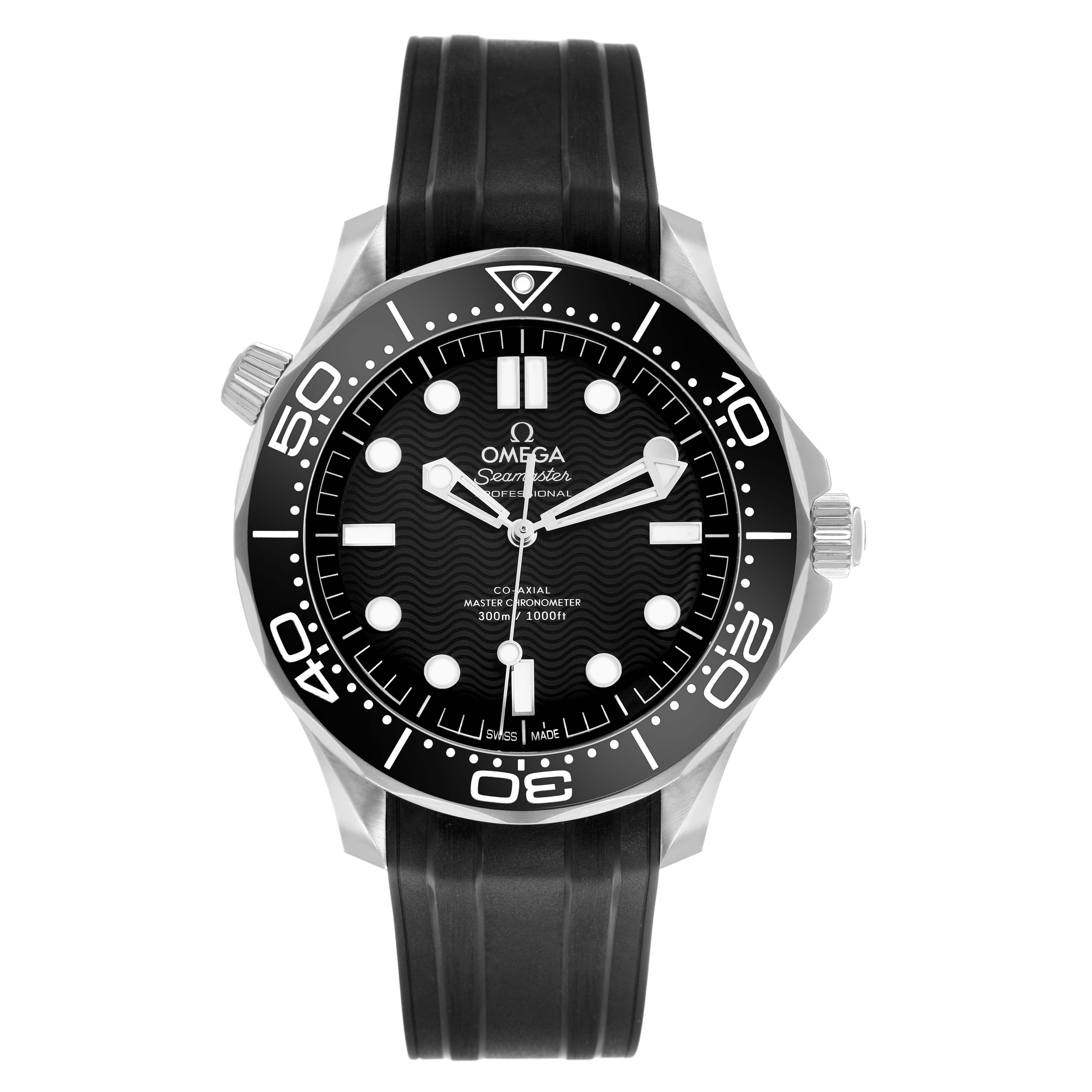 The Omega Seamaster 210.32.42.20.01.003 Men's Stainless Steel Black Dial watch is shown from the front, highlighting its face, bezel, and rubber strap.