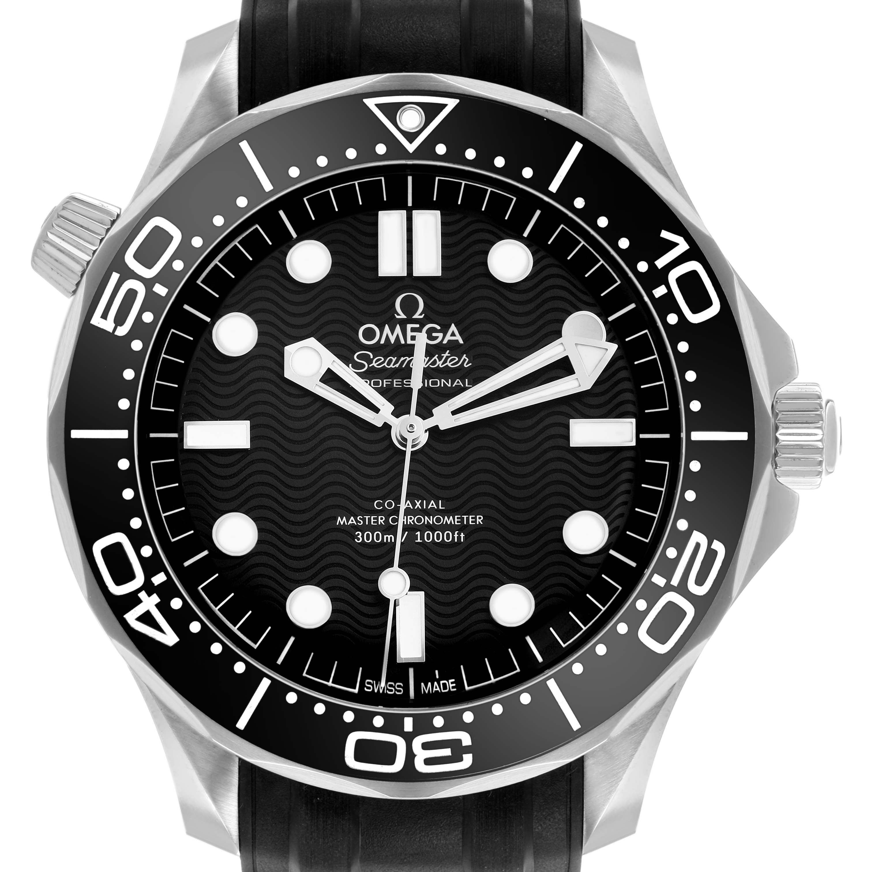 The Omega Seamaster 210.32.42.20.01.003 Men's Stainless Steel Black Dial model is shown from the front, highlighting the dial, bezel, crown, and strap.