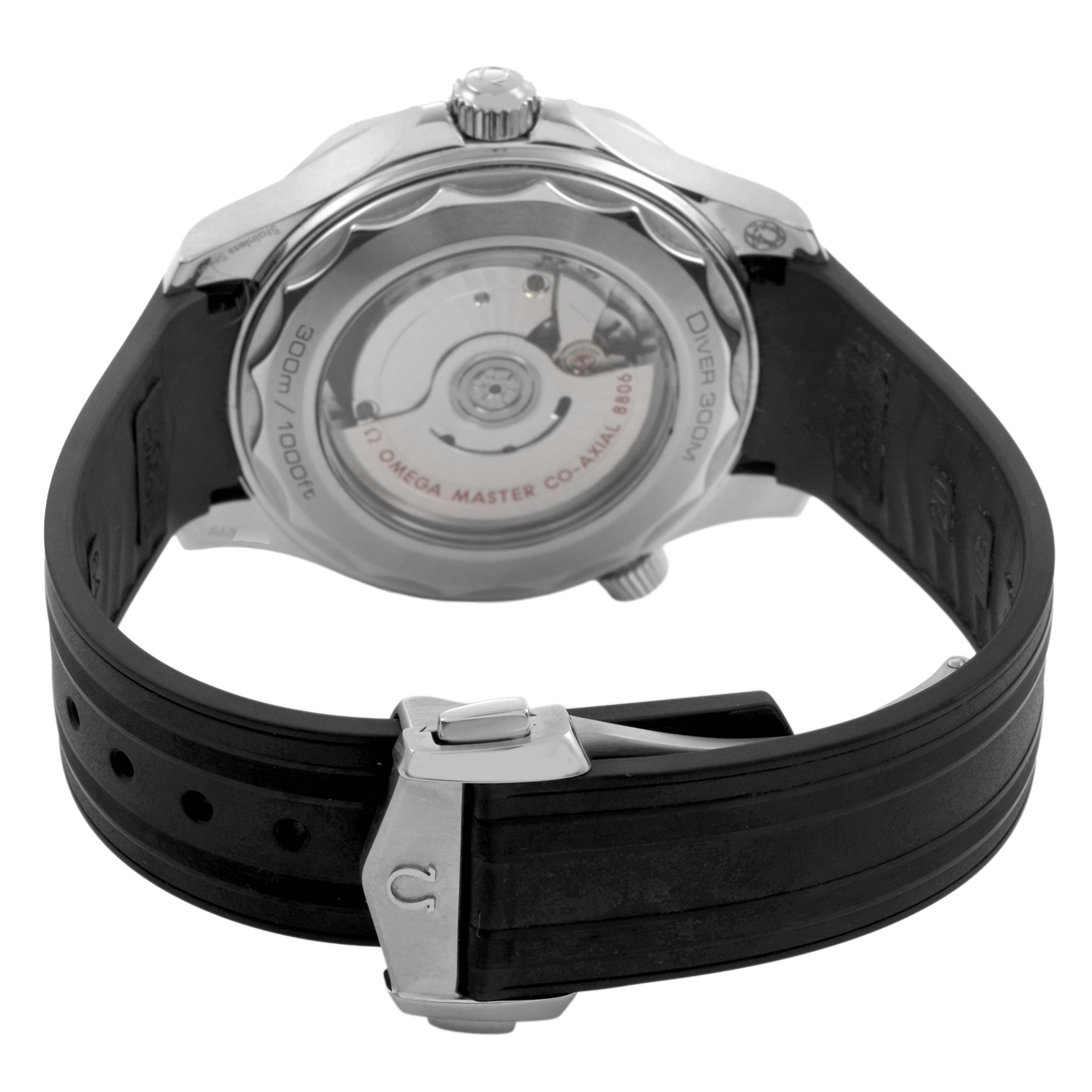 The image shows the back view of an Omega Seamaster 210.32.42.20.01.003 Men's Stainless Steel Black Dial watch, highlighting the transparent case back and rubber strap with clasp.