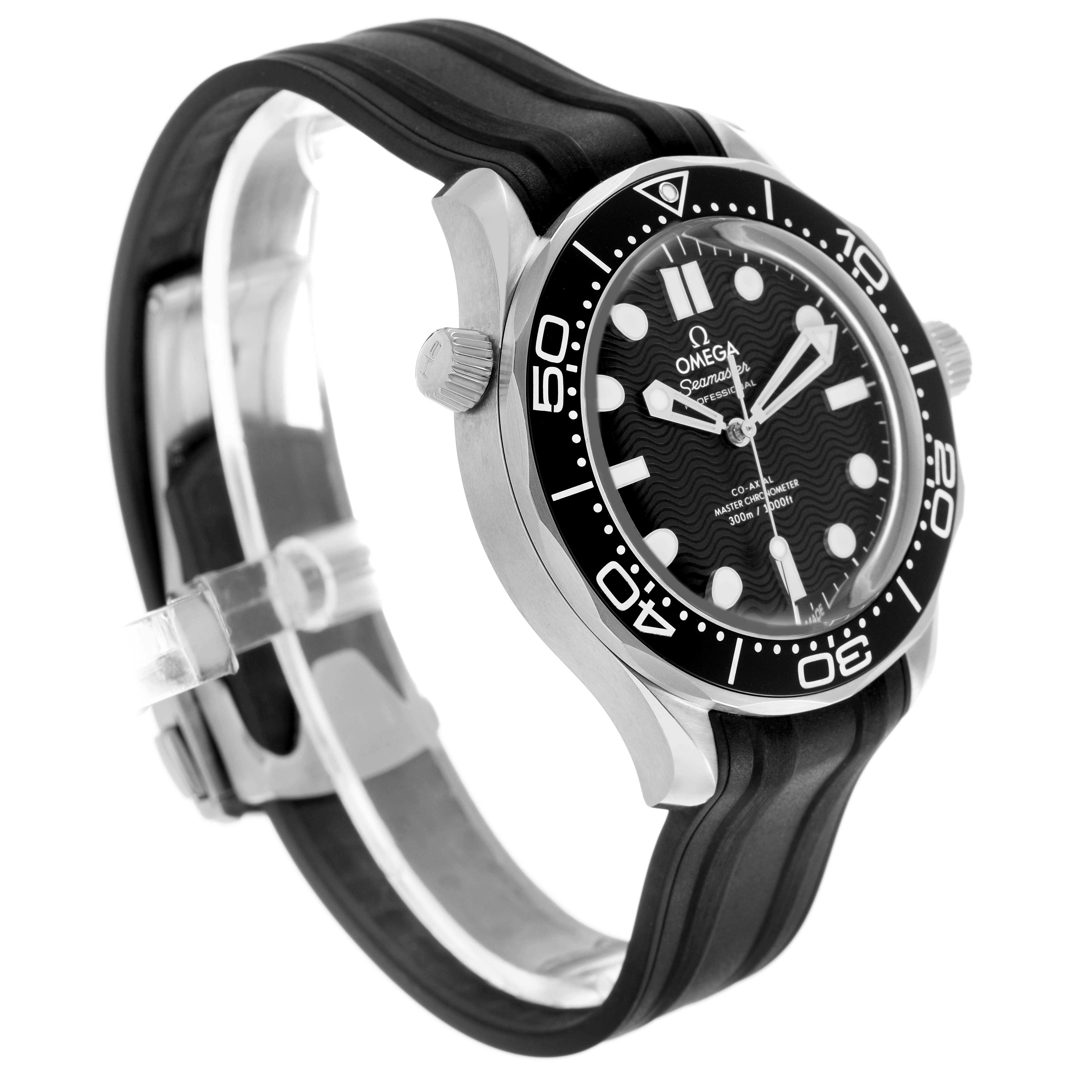 The Omega Seamaster 210.32.42.20.01.003 Men's Stainless Steel Black Dial watch is shown at a three-quarter angle, displaying the dial, bezel, crown, and strap.