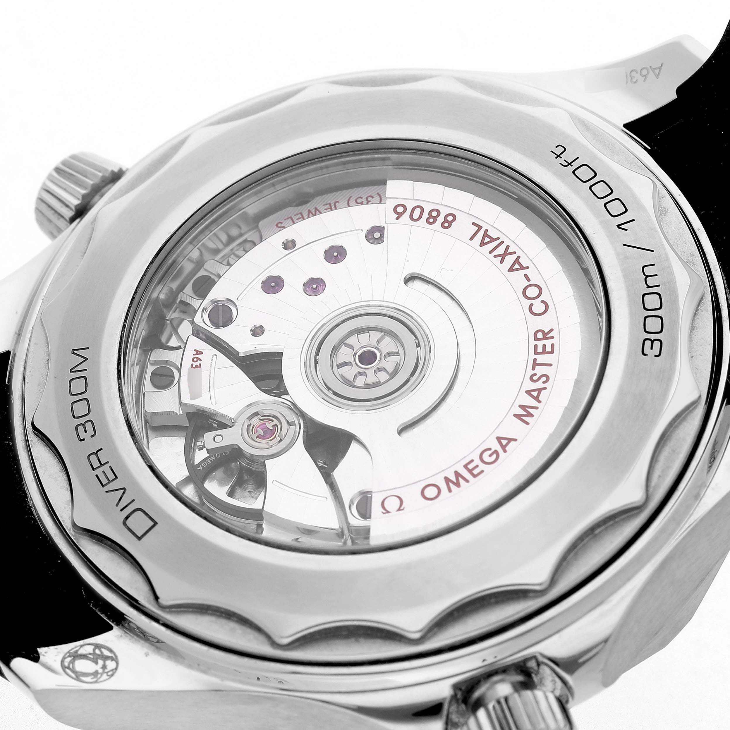 The image shows the back view of an Omega Seamaster 210.32.42.20.01.003 Men's Stainless Steel Black Dial watch, highlighting the movement and transparent case back.
