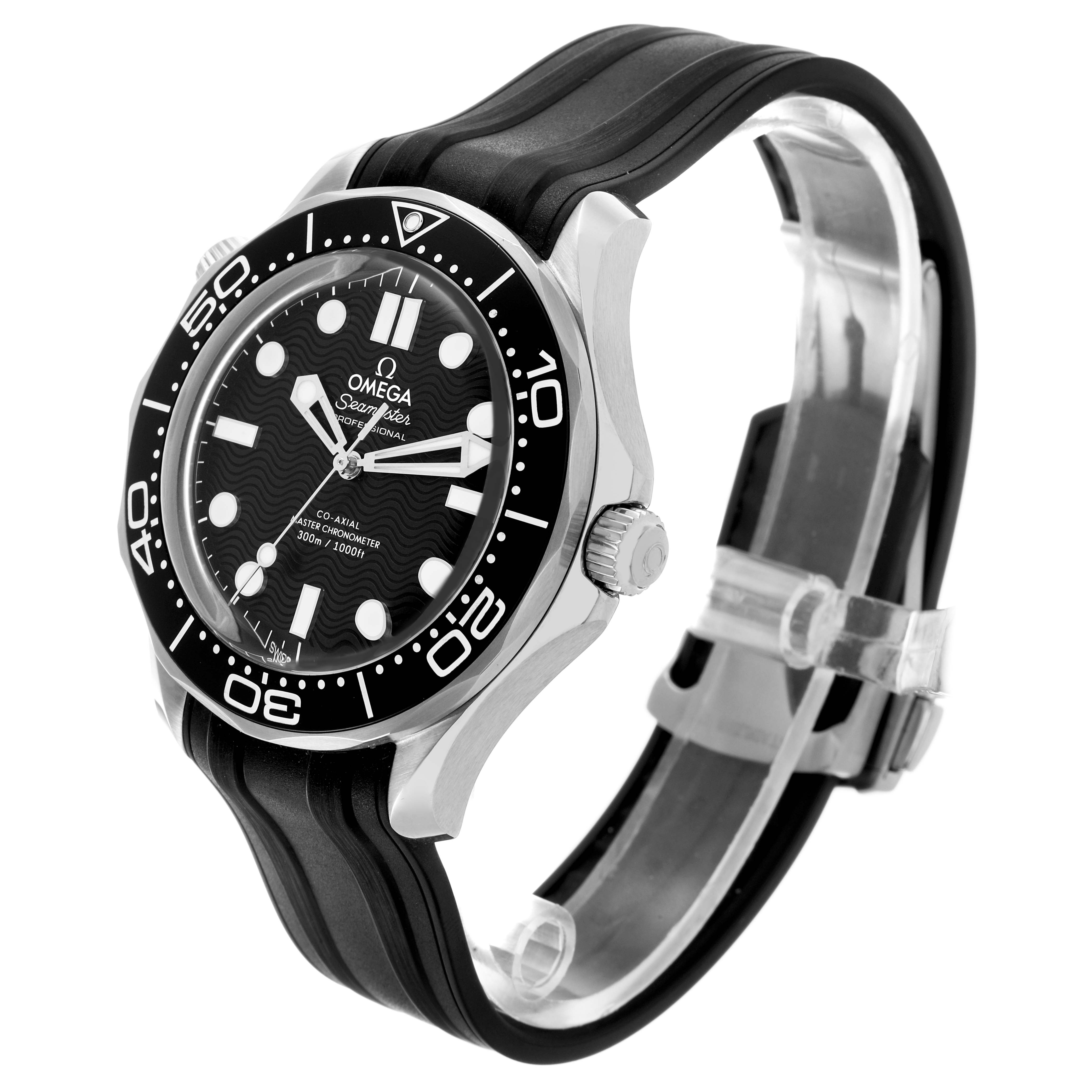 The Omega Seamaster 210.32.42.20.01.003 Men's Stainless Steel Black Dial watch is shown at a slight angle, highlighting the face, bezel, crown, and rubber strap.