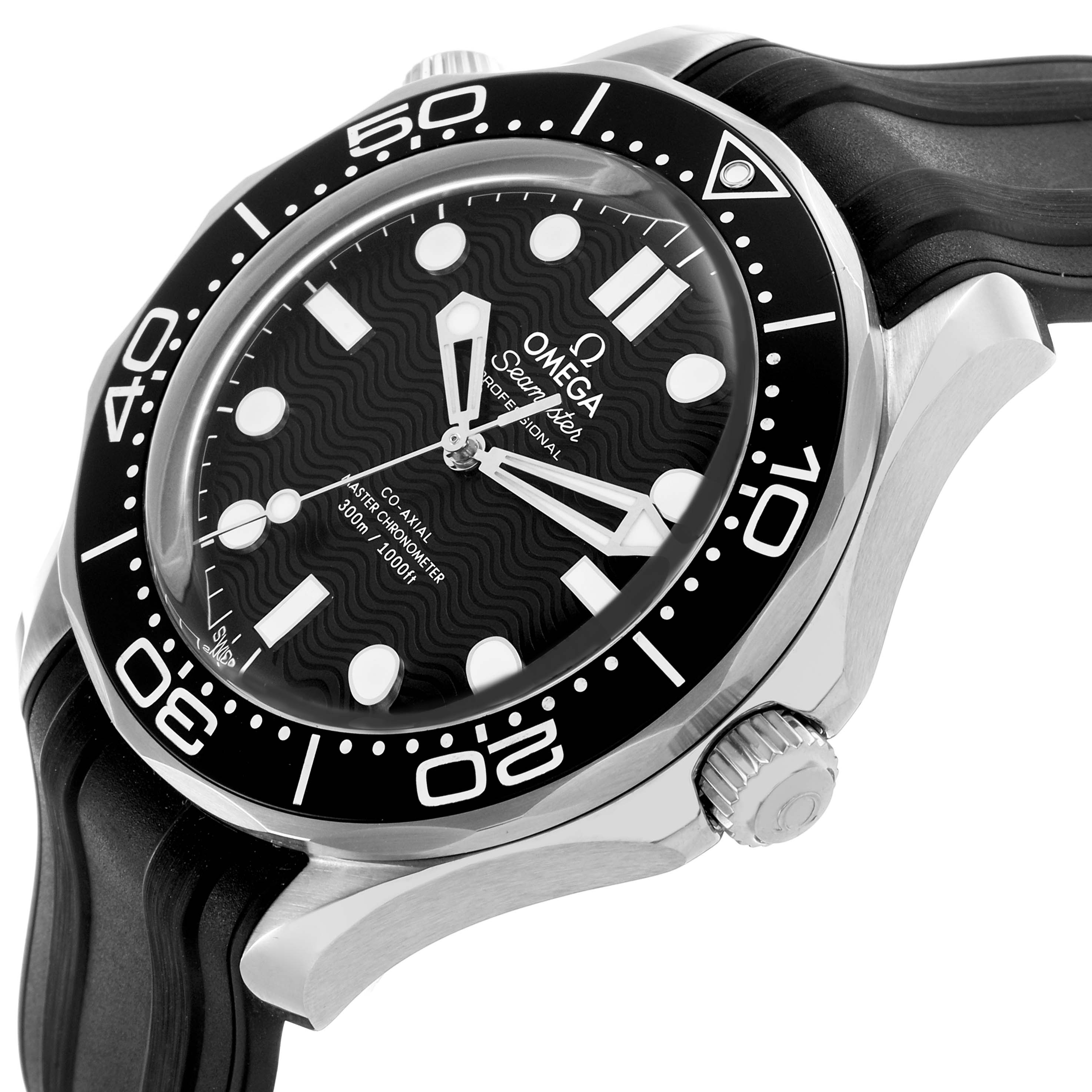 The image shows an angled close-up of the Omega Seamaster 210.32.42.20.01.003 Men's Stainless Steel Black Dial watch, highlighting the dial, bezel, and part of the strap.