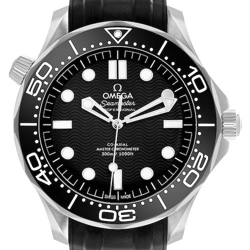 The Omega Seamaster 210.32.42.20.01.003 Men's Stainless Steel Black Dial watch is shown in a frontal view, highlighting the face, bezel, and crown.
