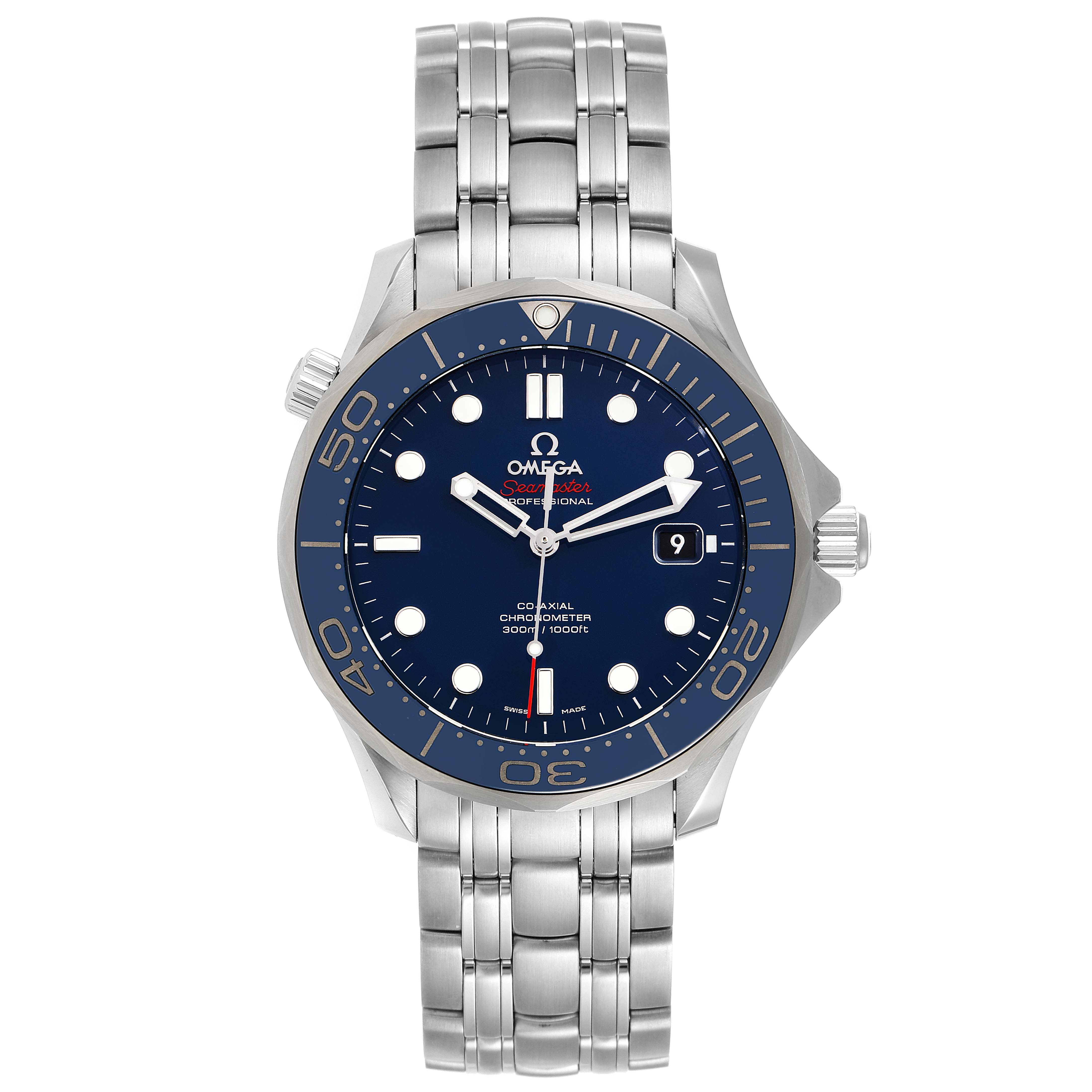 The image shows a front view of the Omega Seamaster 212.30.41.20.03.001 Men's Stainless Steel Blue Dial 212.30.41.20.03.001 Men's Stainless Steel Blue Dial watch, featuring its dial, bezel, and stainless steel bracelet.