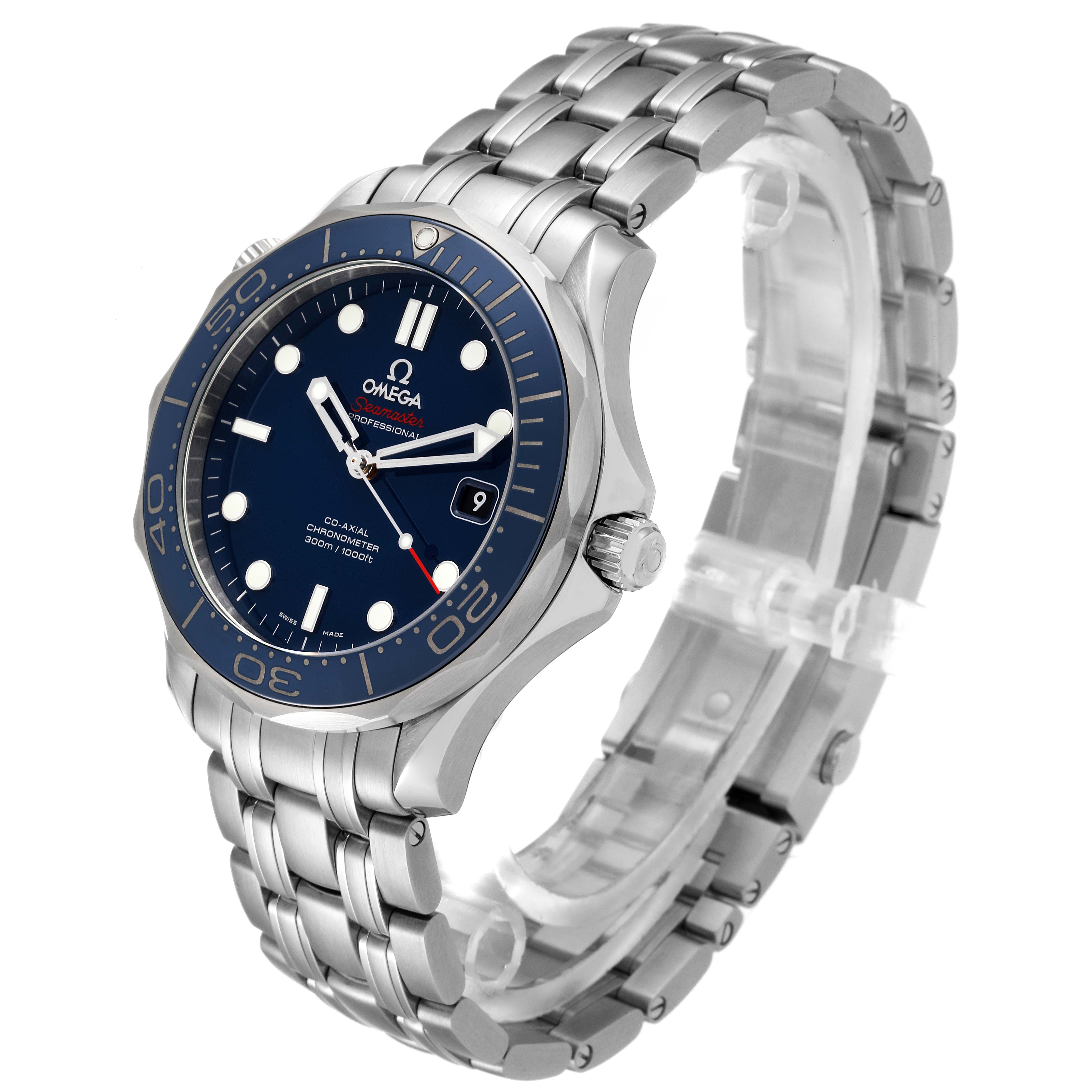 The Omega Seamaster 212.30.41.20.03.001 Men's Stainless Steel Blue Dial 212.30.41.20.03.001 Men's Stainless Steel Blue Dial watch is shown at a three-quarter angle, highlighting the dial, bezel, crown, and bracelet.