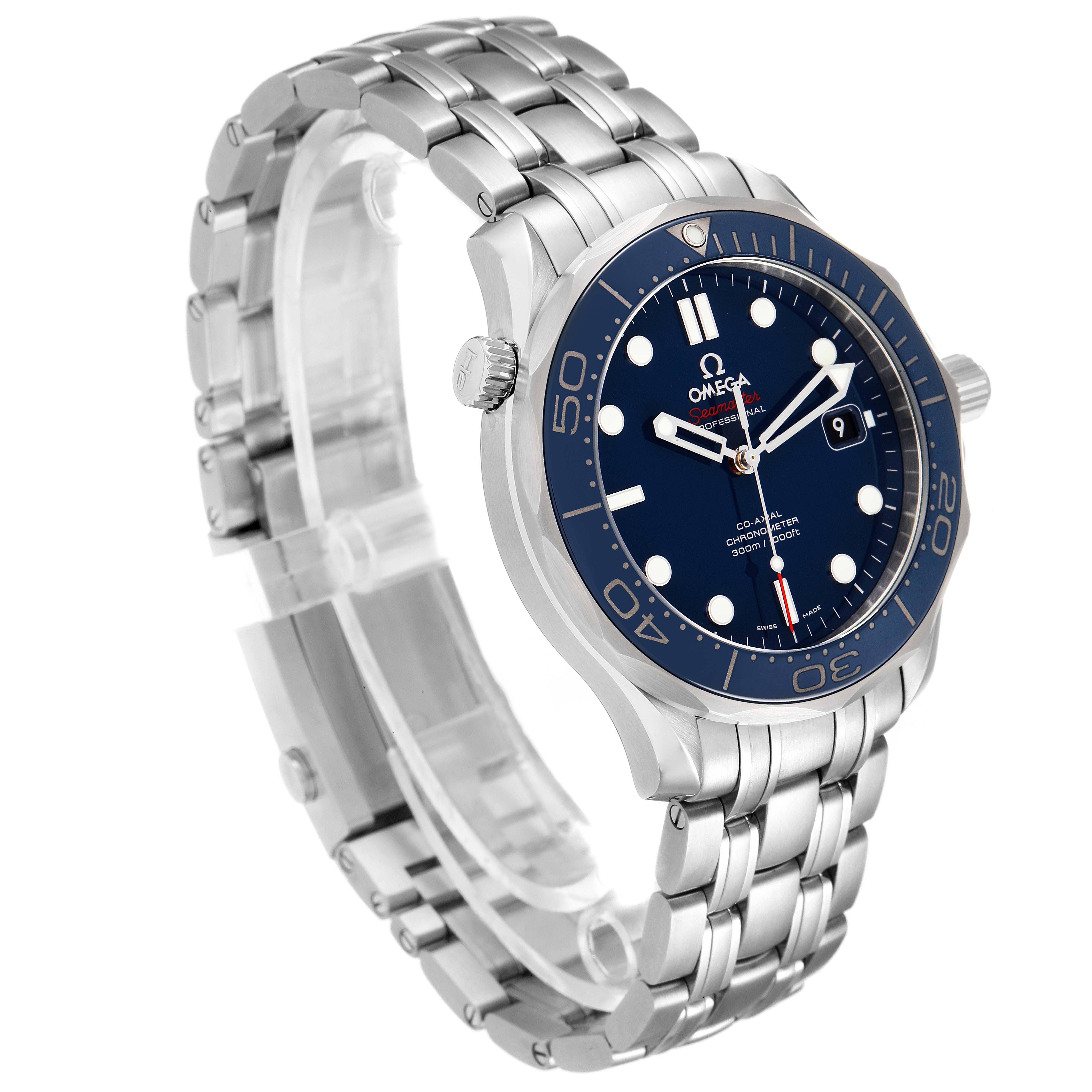 This image shows a side angle of the Omega Seamaster 212.30.41.20.03.001 Men's Stainless Steel Blue Dial 212.30.41.20.03.001 Men's Stainless Steel Blue Dial watch, highlighting its blue dial, bezel, and metal bracelet.