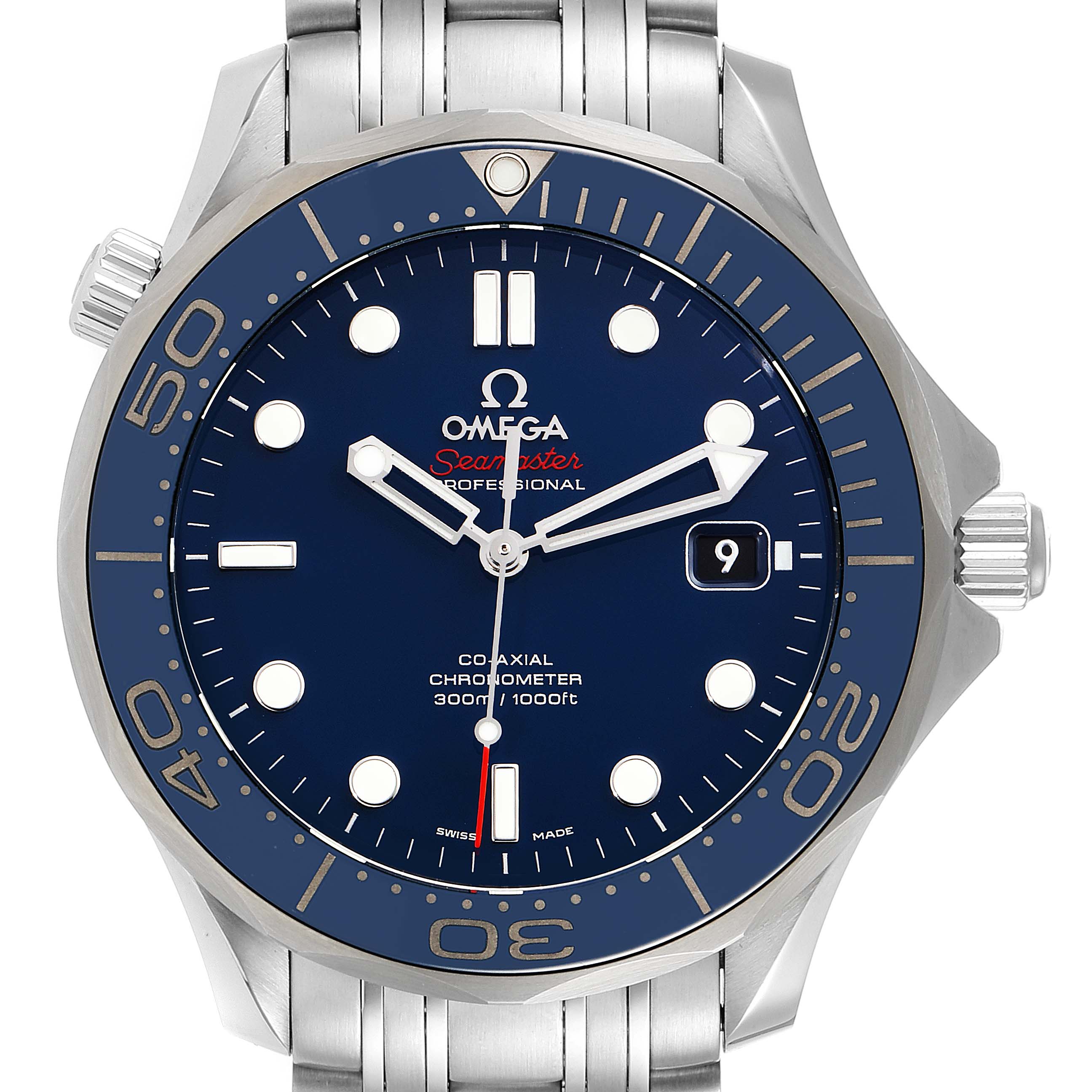 The Omega Seamaster 212.30.41.20.03.001 Men's Stainless Steel Blue Dial 212.30.41.20.03.001 Men's Stainless Steel Blue Dial watch is shown from the front, displaying its face, bezel, crown, and part of the bracelet.