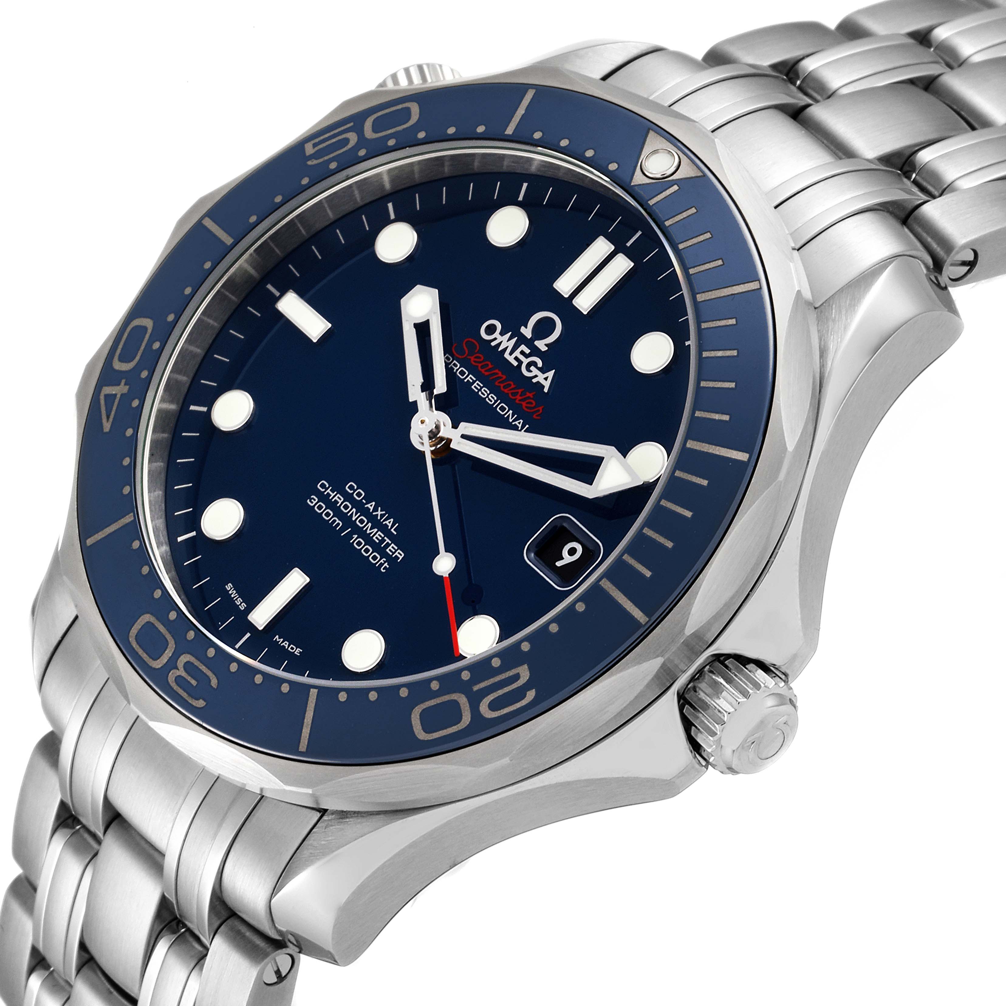 The image shows a side and partial front view of an Omega Seamaster 212.30.41.20.03.001 Men's Stainless Steel Blue Dial 212.30.41.20.03.001 Men's Stainless Steel Blue Dial watch, highlighting the dial, bezel, crown, and part of the stainless steel bracelet.