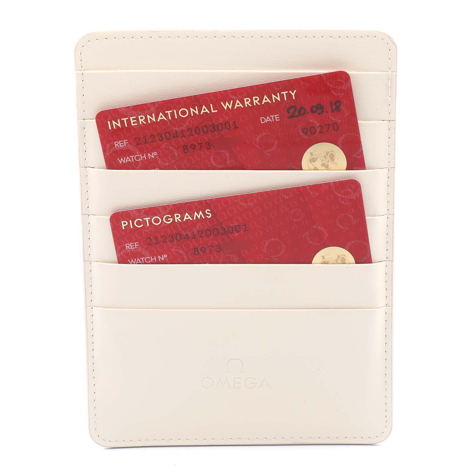 The image shows the International Warranty and Pictograms cards in a cardholder for the Omega Seamaster 212.30.41.20.03.001 Men's Stainless Steel Blue Dial 212.30.41.20.03.001 Men's Stainless Steel Blue Dial watch.