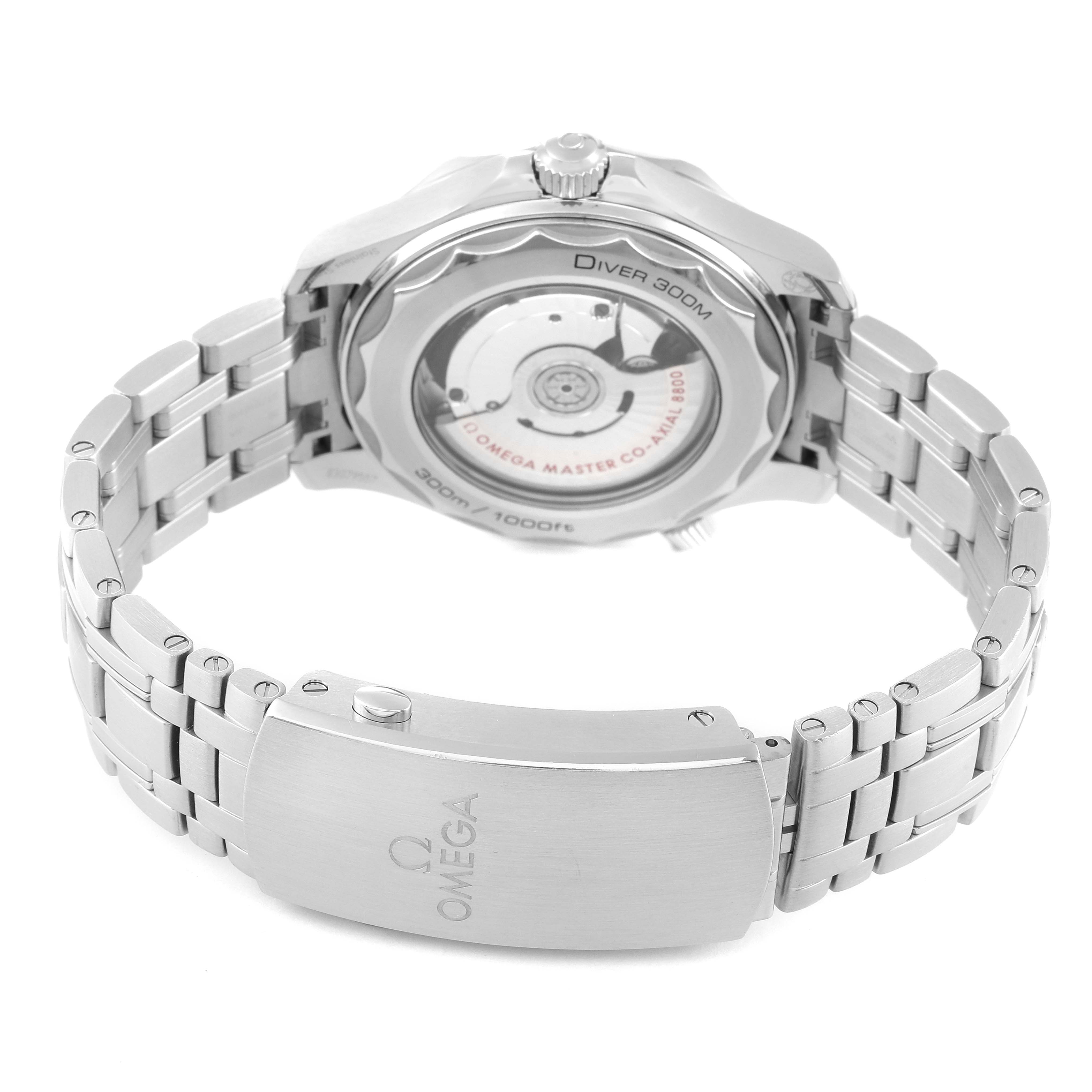 The image shows the back view of the Omega Seamaster 210.30.42.20.01.001 Men's Stainless Steel Black Dial 210.30.42.20.01.001 Men's Stainless Steel Black Dial Diver 300M, highlighting its bracelet and transparent case back.