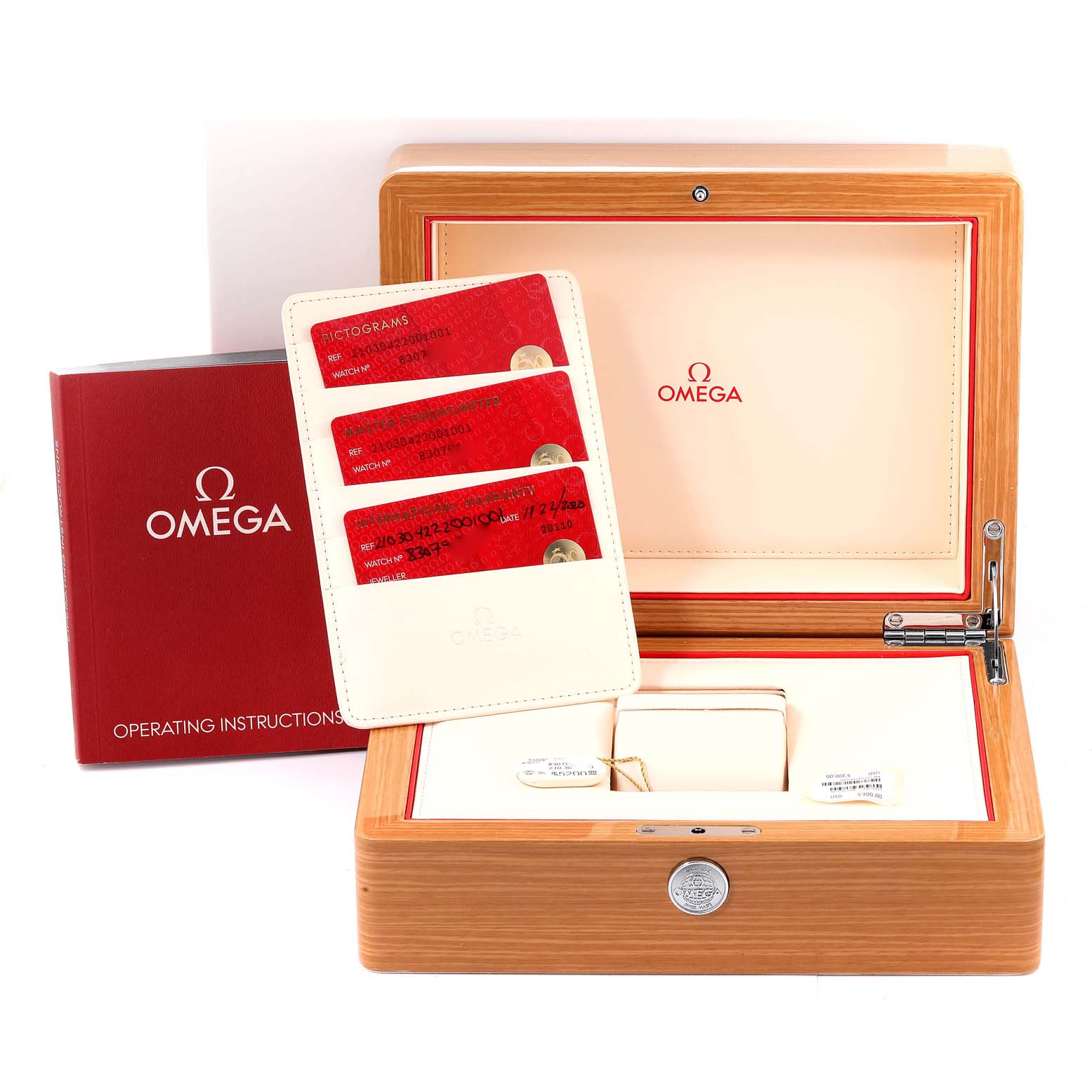 The image shows an Omega Seamaster 210.30.42.20.01.001 Men's Stainless Steel Black Dial 210.30.42.20.01.001 Men's Stainless Steel Black Dial watch box, three red cards, and an operating instructions booklet.