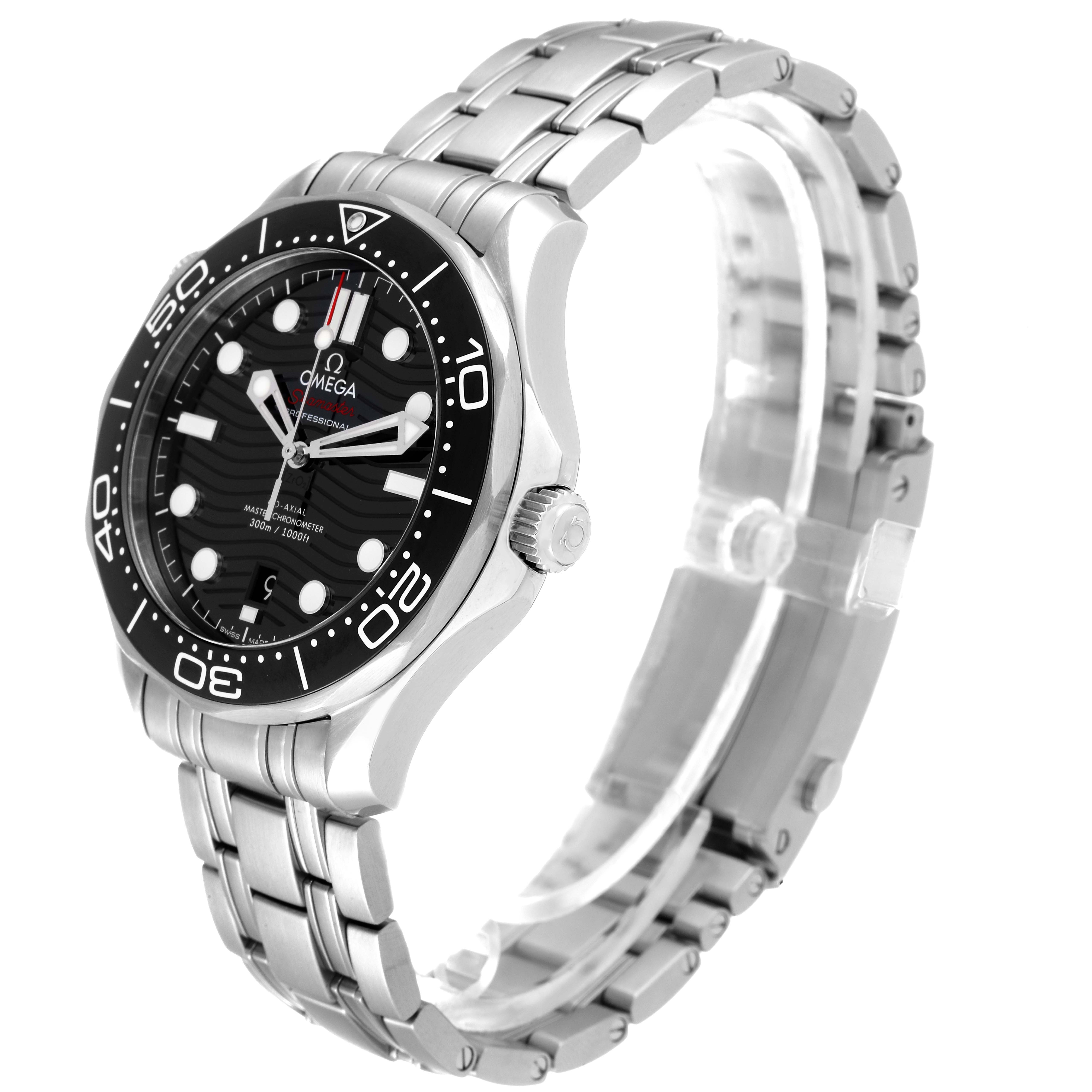 The image shows an Omega Seamaster 210.30.42.20.01.001 Men's Stainless Steel Black Dial 210.30.42.20.01.001 Men's Stainless Steel Black Dial watch from a three-quarter angle displaying the face, bezel, case, and bracelet.