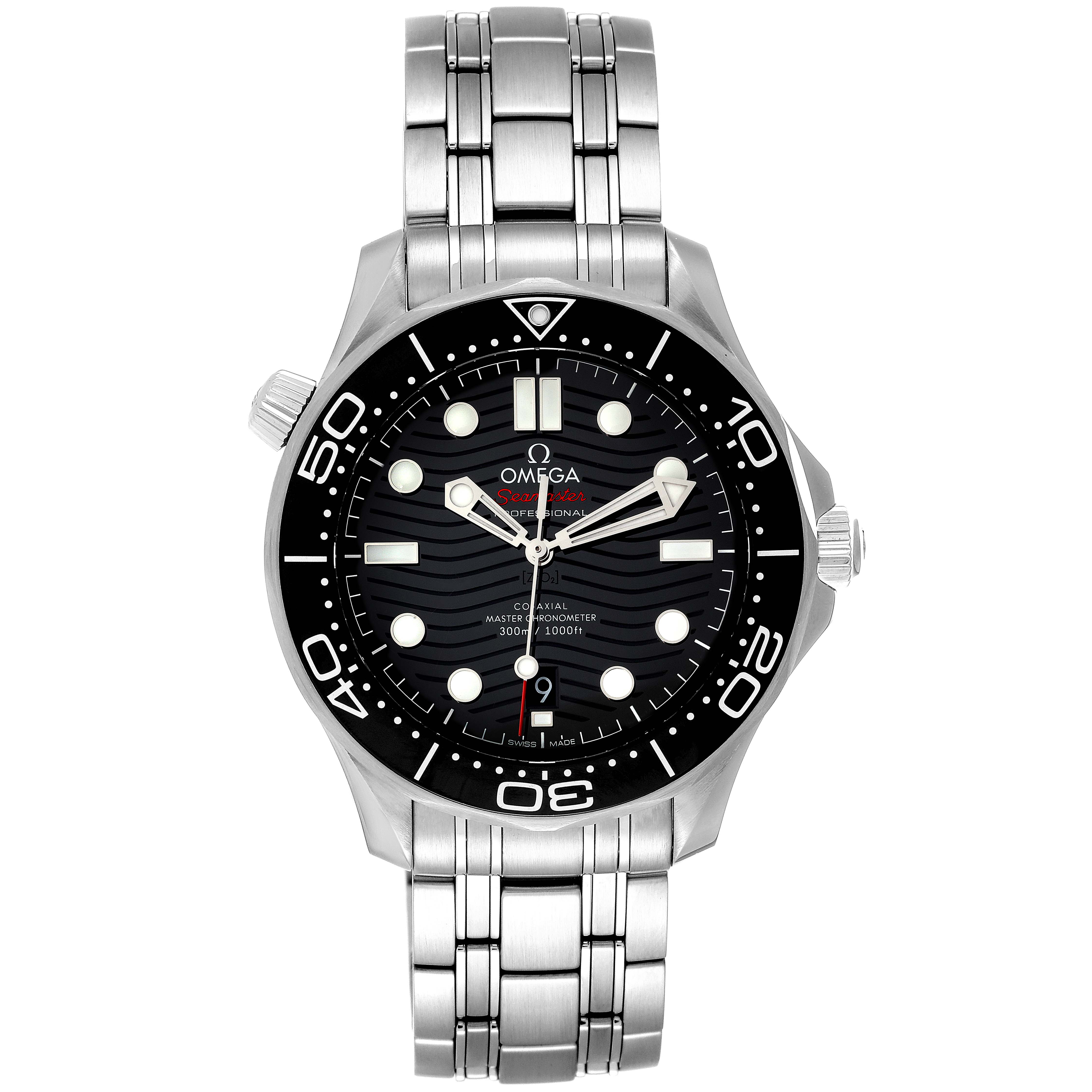This picture shows a front view of the Omega Seamaster 210.30.42.20.01.001 Men's Stainless Steel Black Dial 210.30.42.20.01.001 Men's Stainless Steel Black Dial watch, highlighting its face, bezel, and stainless steel strap.