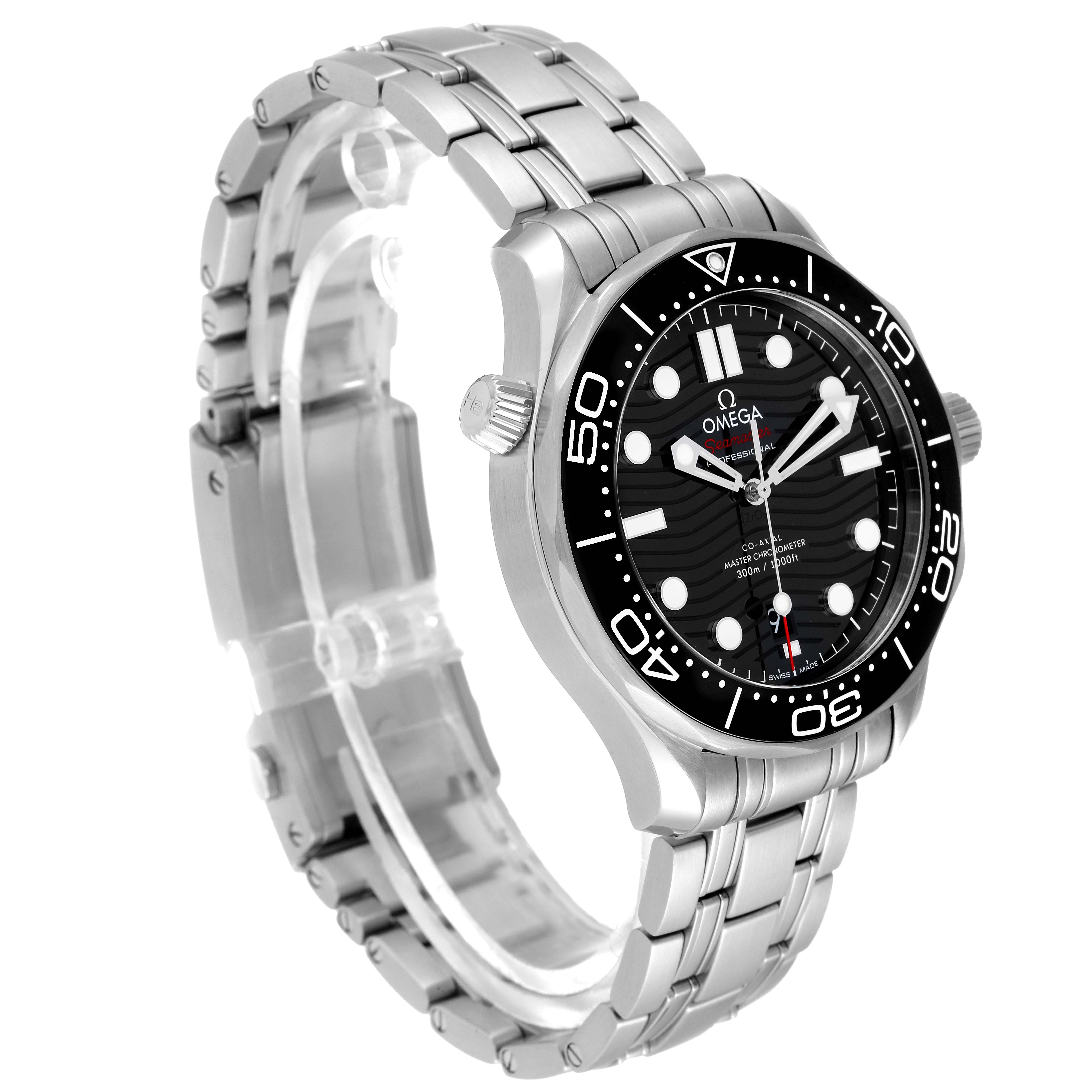 The Omega Seamaster 210.30.42.20.01.001 Men's Stainless Steel Black Dial 210.30.42.20.01.001 Men's Stainless Steel Black Dial watch is shown at an elevated angle, highlighting its black dial and stainless steel bracelet.