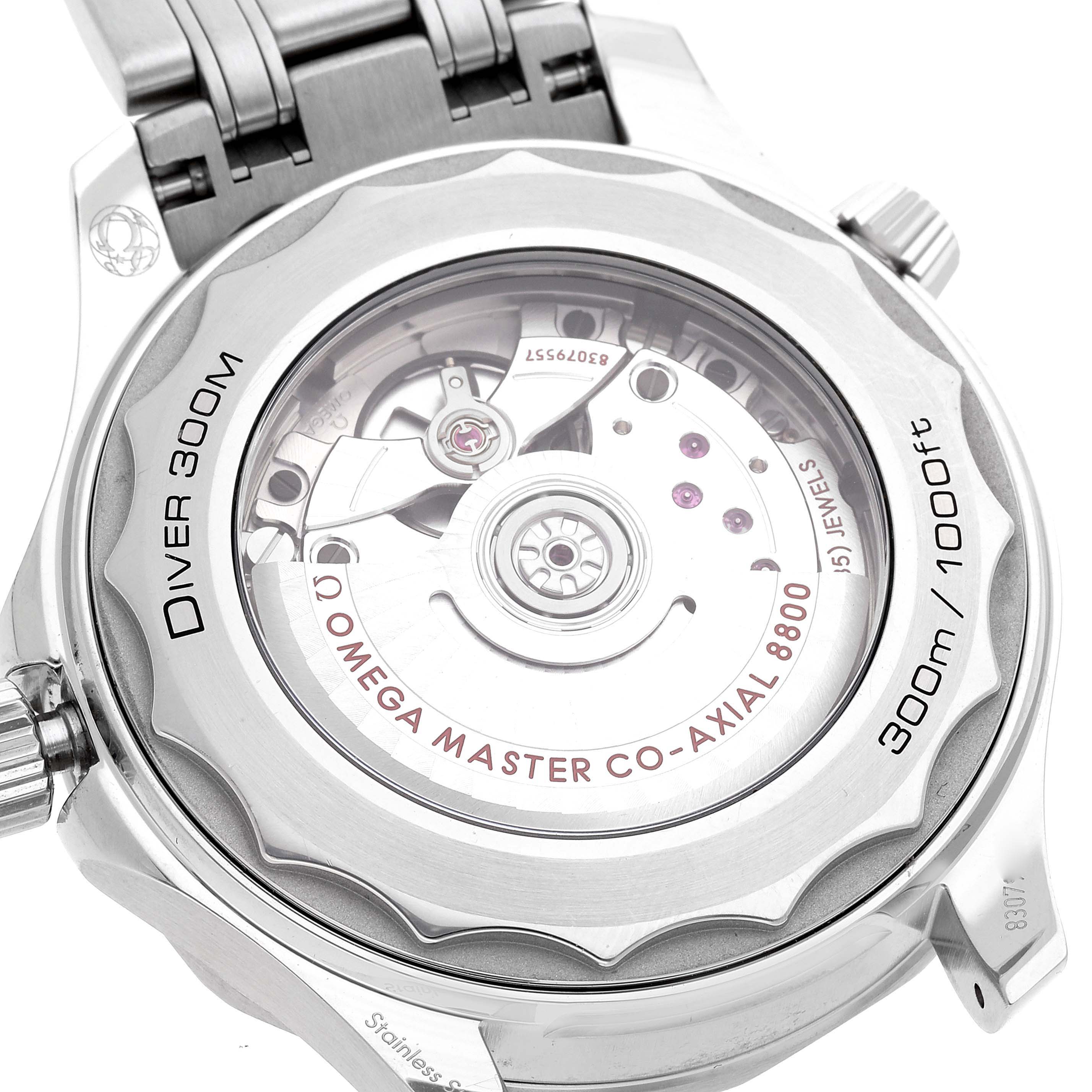 The image shows the back of an Omega Seamaster 210.30.42.20.01.001 Men's Stainless Steel Black Dial 210.30.42.20.01.001 Men's Stainless Steel Black Dial watch, highlighting its transparent case back and internal mechanism.