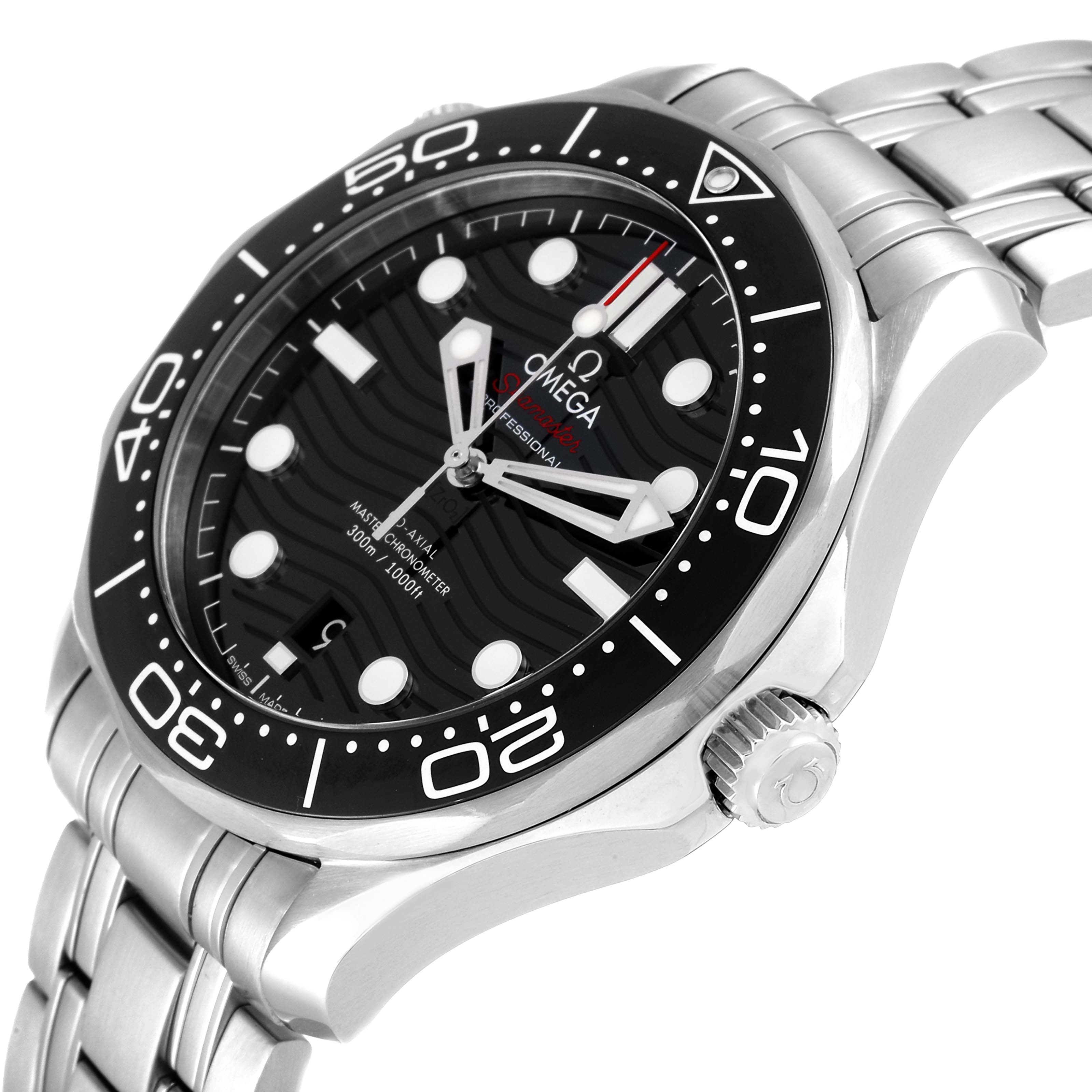 The Omega Seamaster 210.30.42.20.01.001 Men's Stainless Steel Black Dial 210.30.42.20.01.001 Men's Stainless Steel Black Dial watch is shown at an angled close-up, highlighting the dial, bezel, and part of the stainless steel bracelet.