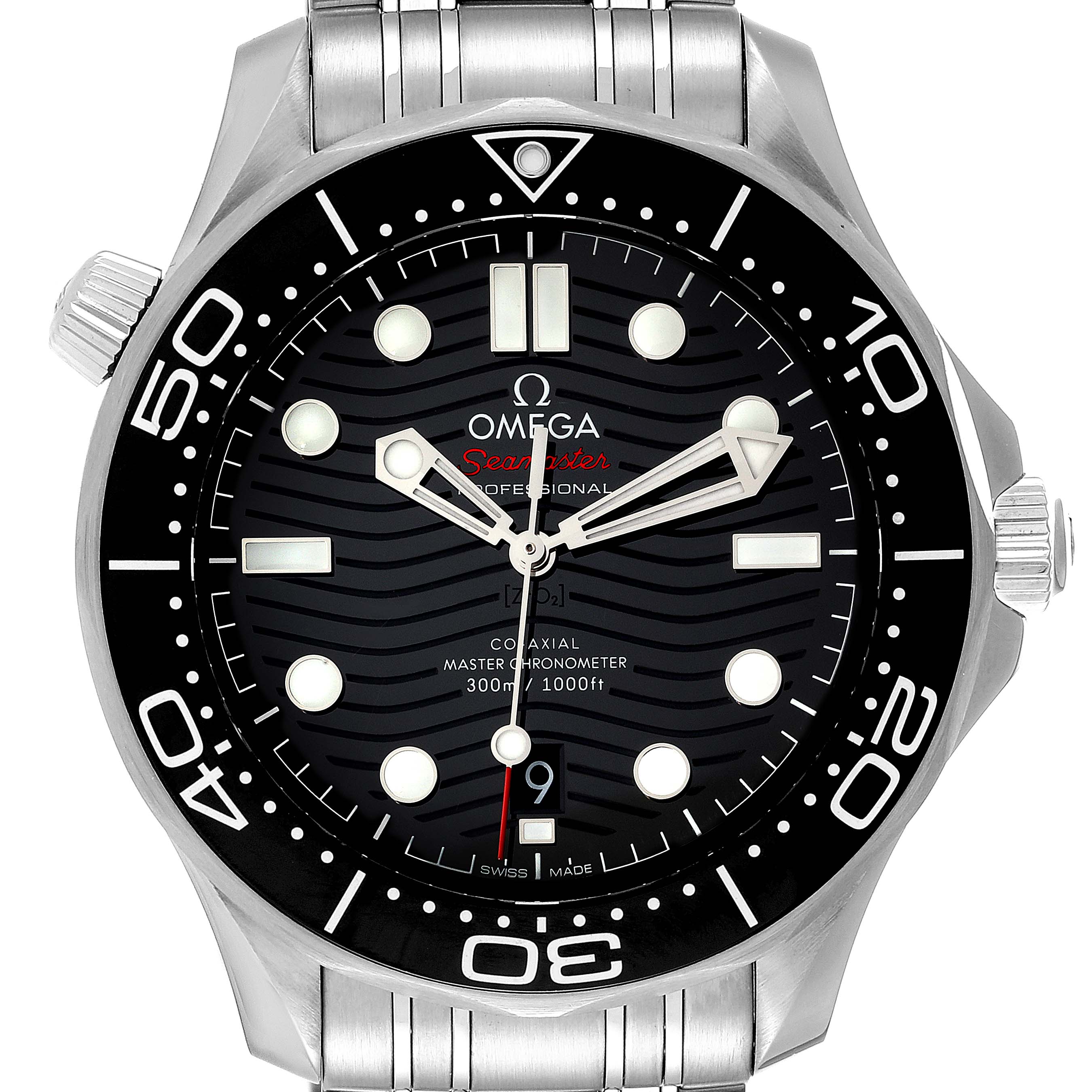 The image shows a front view of the Omega Seamaster 210.30.42.20.01.001 Men's Stainless Steel Black Dial 210.30.42.20.01.001 Men's Stainless Steel Black Dial watch, highlighting its dial, bezel, and bracelet.
