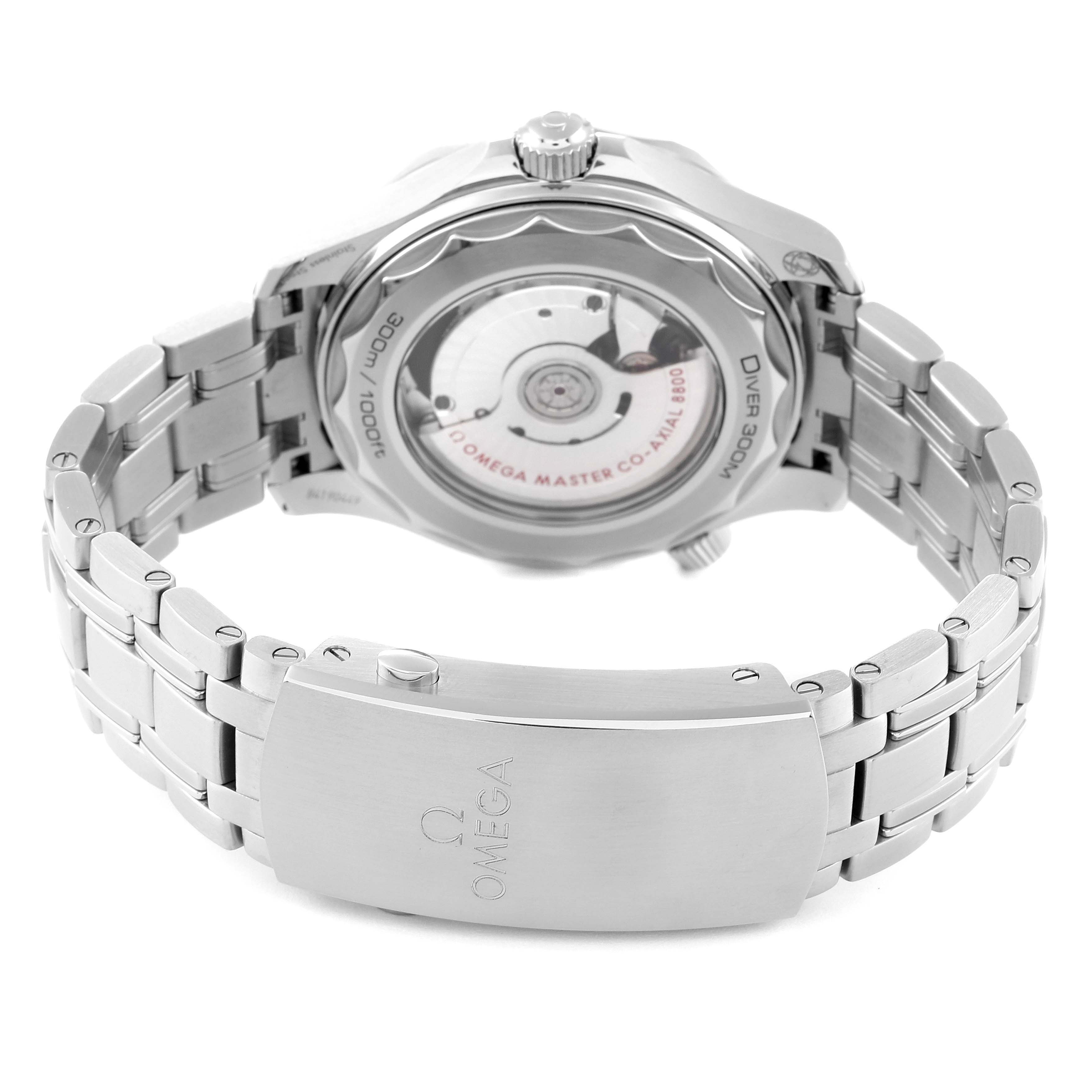 This image shows the back and clasp of an Omega Seamaster 210.30.42.20.10.001 Men's Stainless Steel Green Dial 210.30.42.20.10.001 Men's Stainless Steel Green Dial watch, featuring a visible movement and stainless steel bracelet.