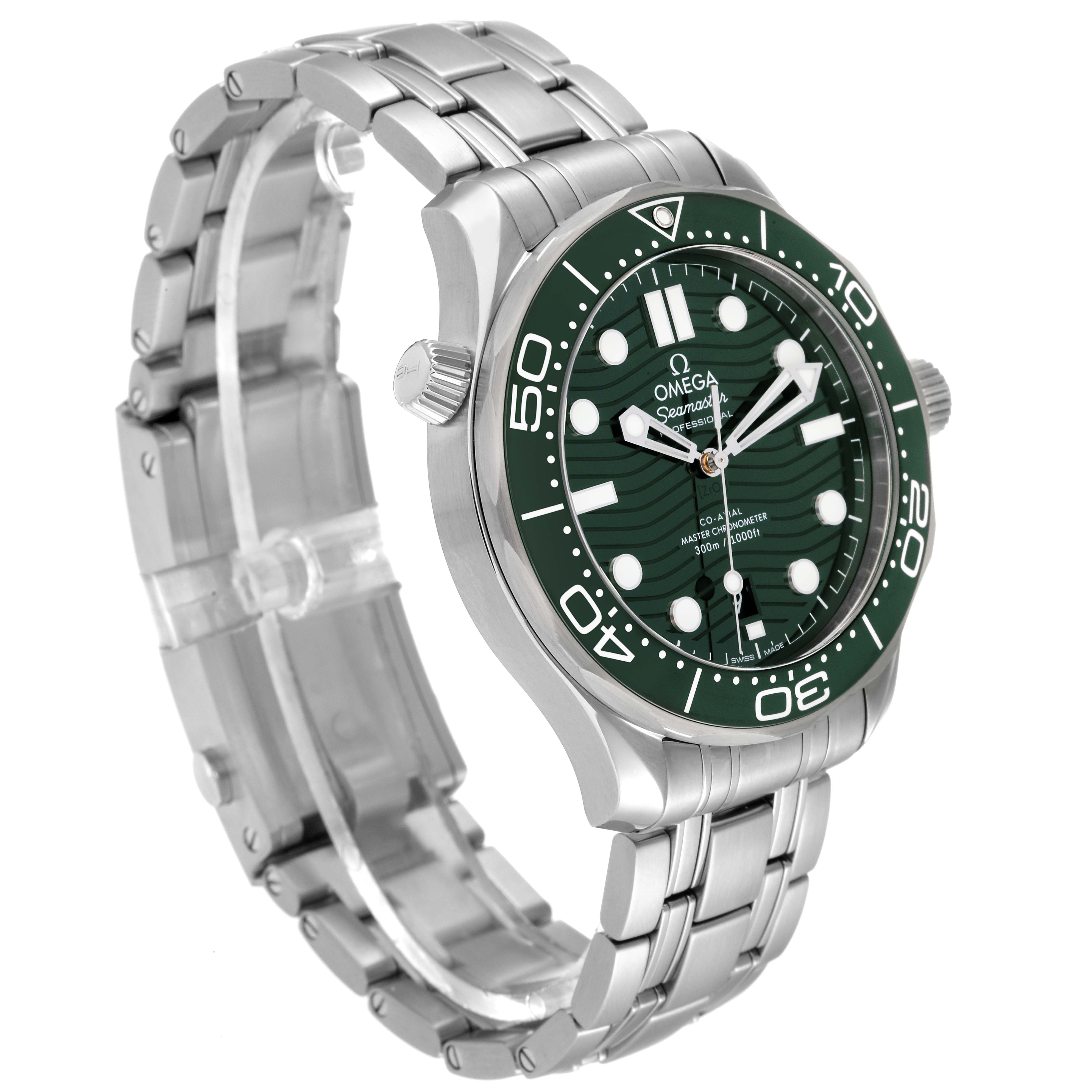 The Omega Seamaster 210.30.42.20.10.001 Men's Stainless Steel Green Dial 210.30.42.20.10.001 Men's Stainless Steel Green Dial watch is shown at an angle highlighting the green dial, bezel, and metal bracelet.