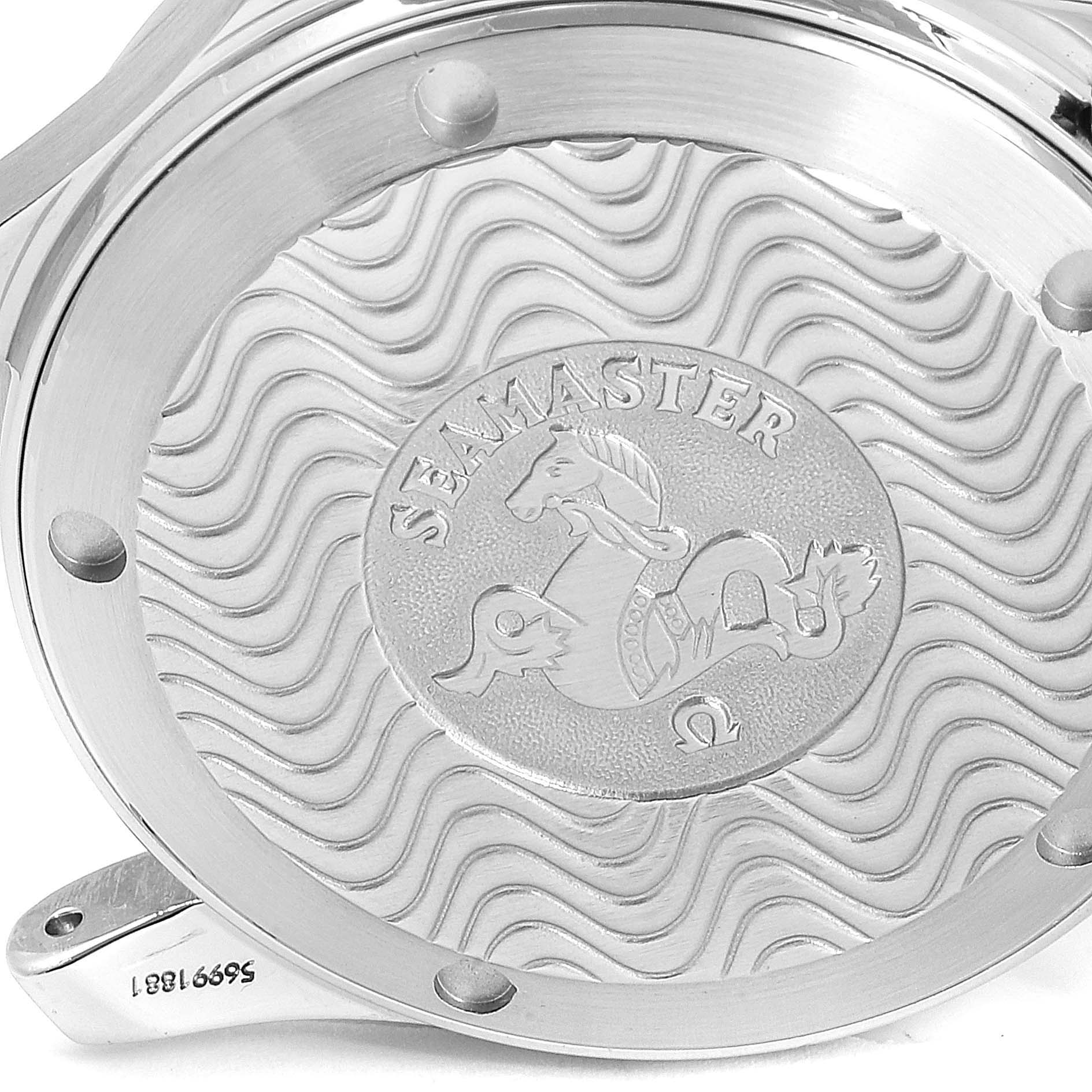 The image shows the case back of an Omega Seamaster 2263.80.00 Men
s Stainless Steel Blue Dial 2263.80.00 Men
s Stainless Steel Blue Dial watch, featuring embossed waves and the Seamaster logo.
