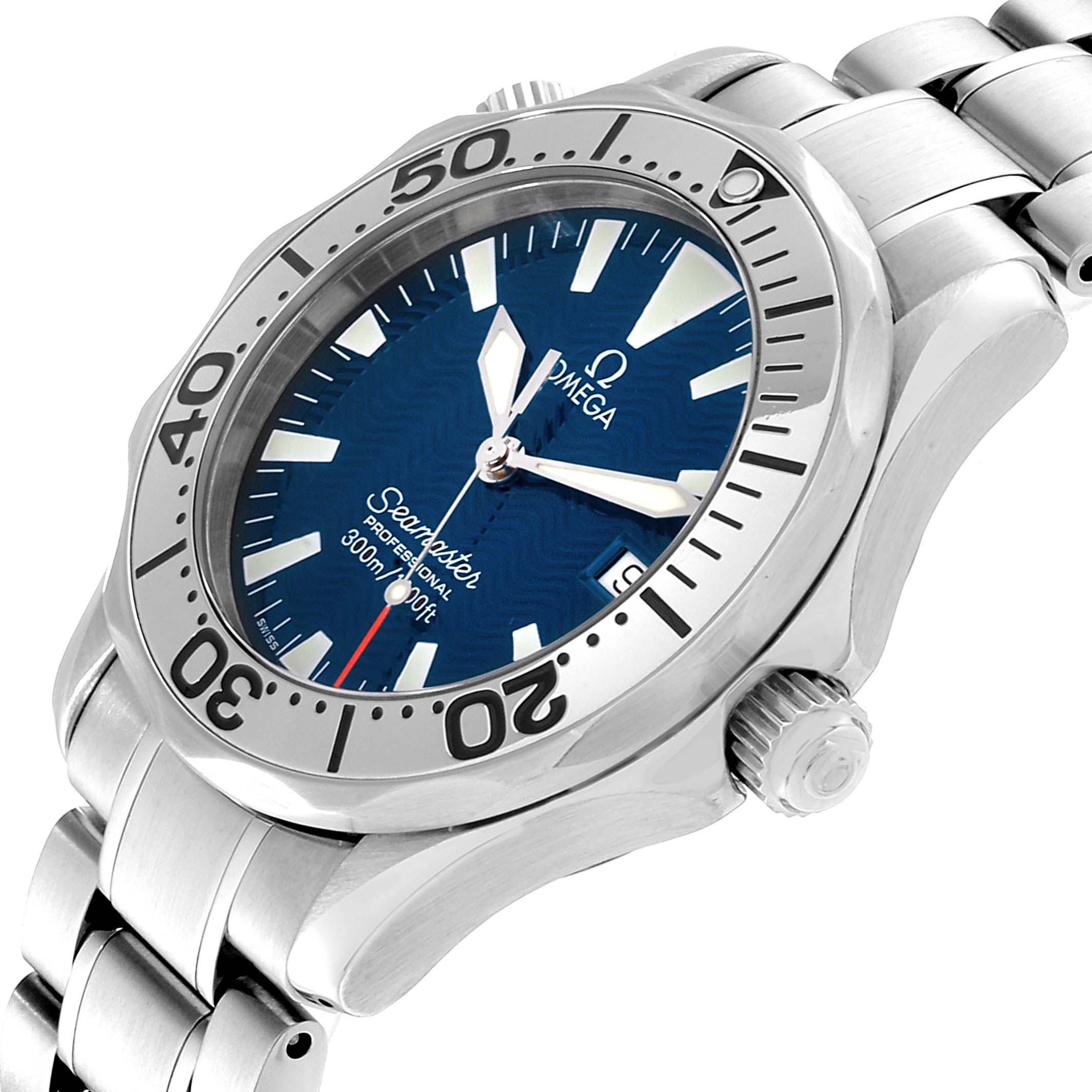 The image displays an angled view of the Omega Seamaster 2263.80.00 Men
s Stainless Steel Blue Dial 2263.80.00 Men
s Stainless Steel Blue Dial watch, highlighting the dial, bezel, crown, and part of the metal bracelet.
