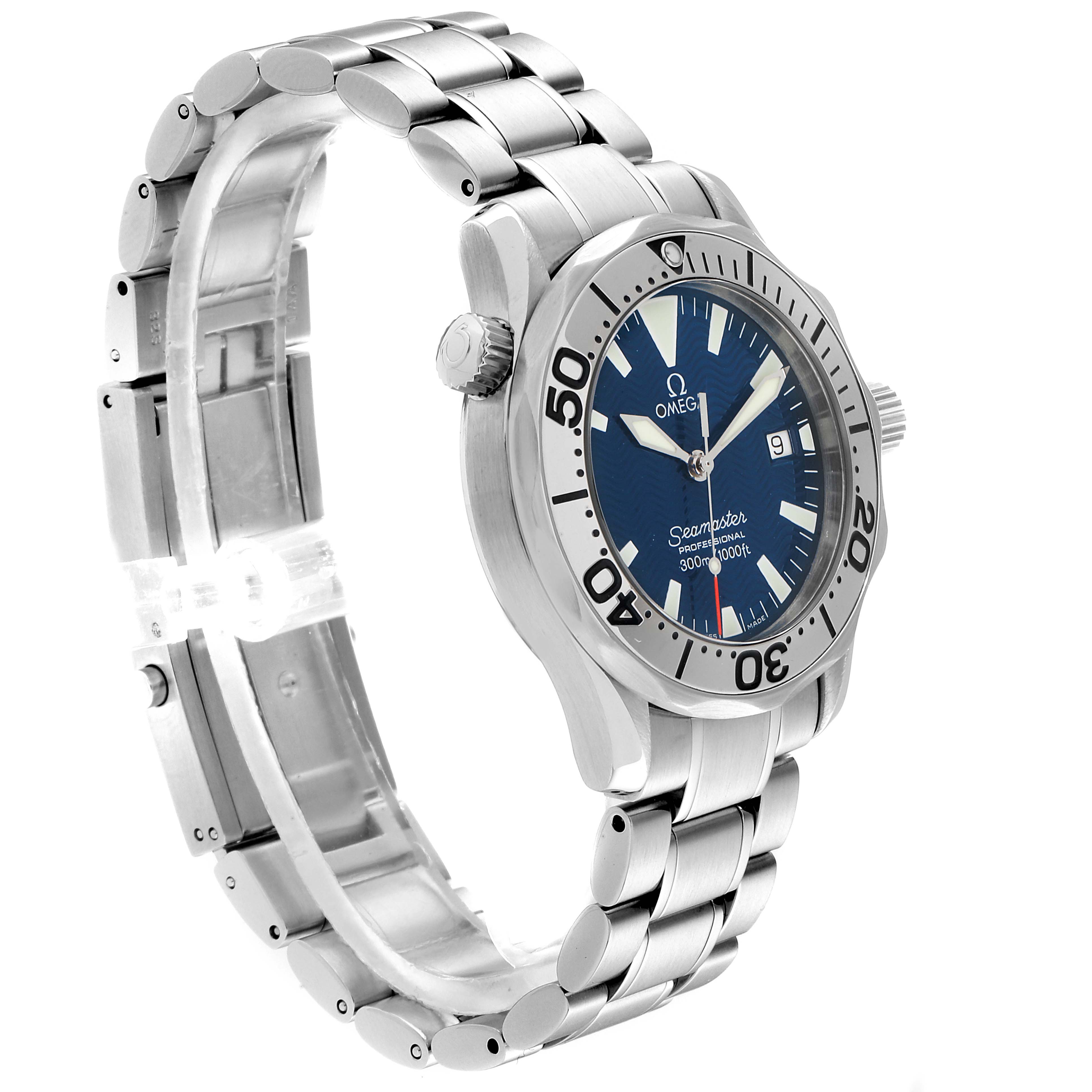 The image shows an angled side view of the Omega Seamaster 2263.80.00 Men
s Stainless Steel Blue Dial 2263.80.00 Men
s Stainless Steel Blue Dial watch, highlighting its bracelet, bezel, dial, and crown.