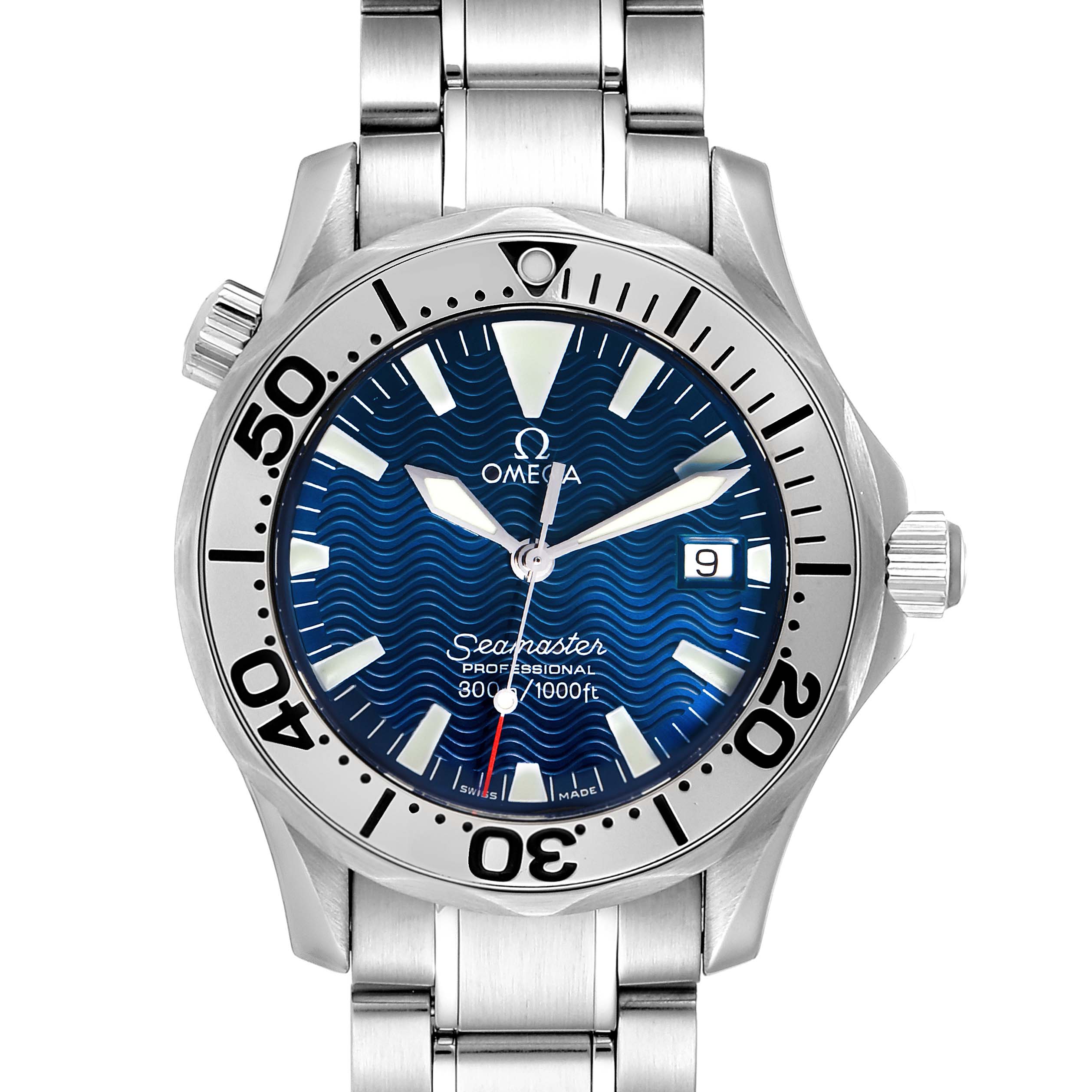 The Omega Seamaster 2263.80.00 Men
s Stainless Steel Blue Dial 2263.80.00 Men
s Stainless Steel Blue Dial watch is shown from a direct, front angle highlighting the dial, bezel, bracelet, and crown.
