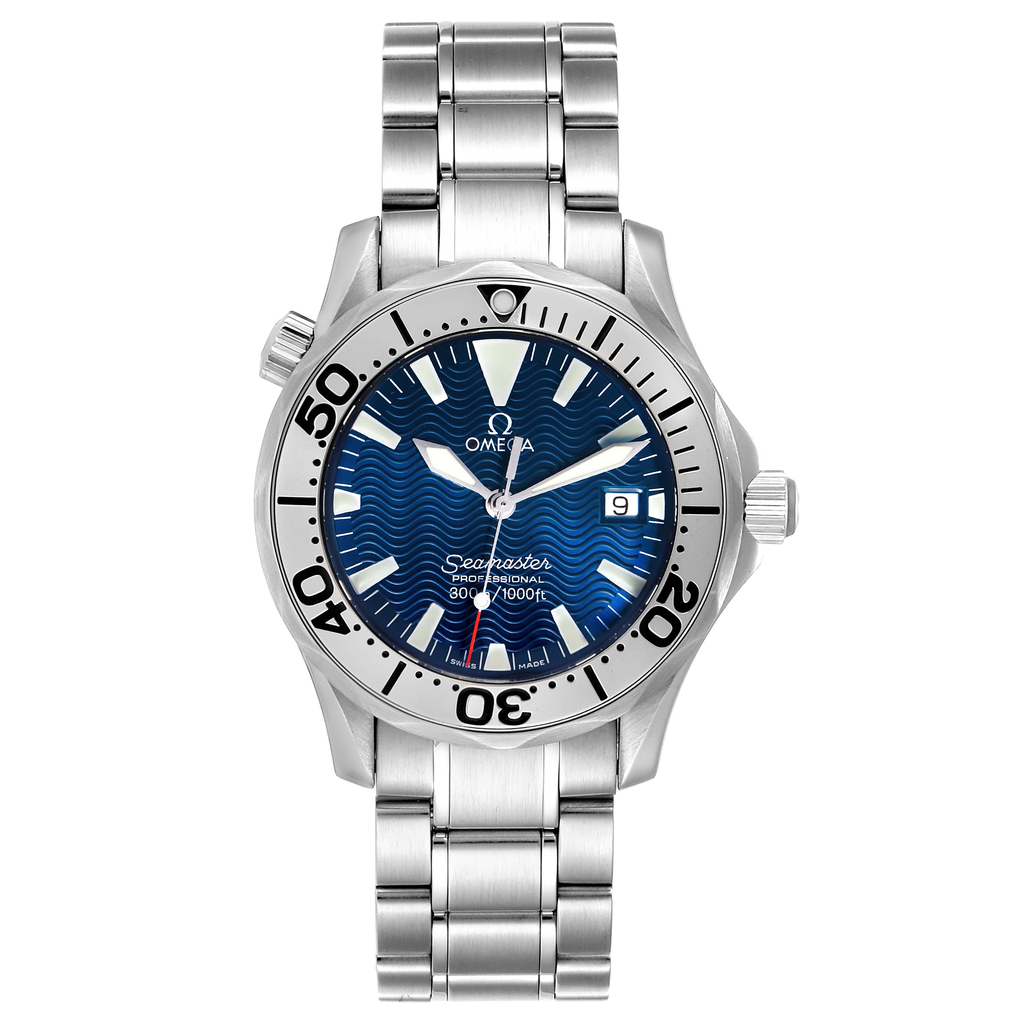 This is a front view of an Omega Seamaster 2263.80.00 Men
s Stainless Steel Blue Dial 2263.80.00 Men
s Stainless Steel Blue Dial watch, showing its dial, bezel, bracelet, and crown.