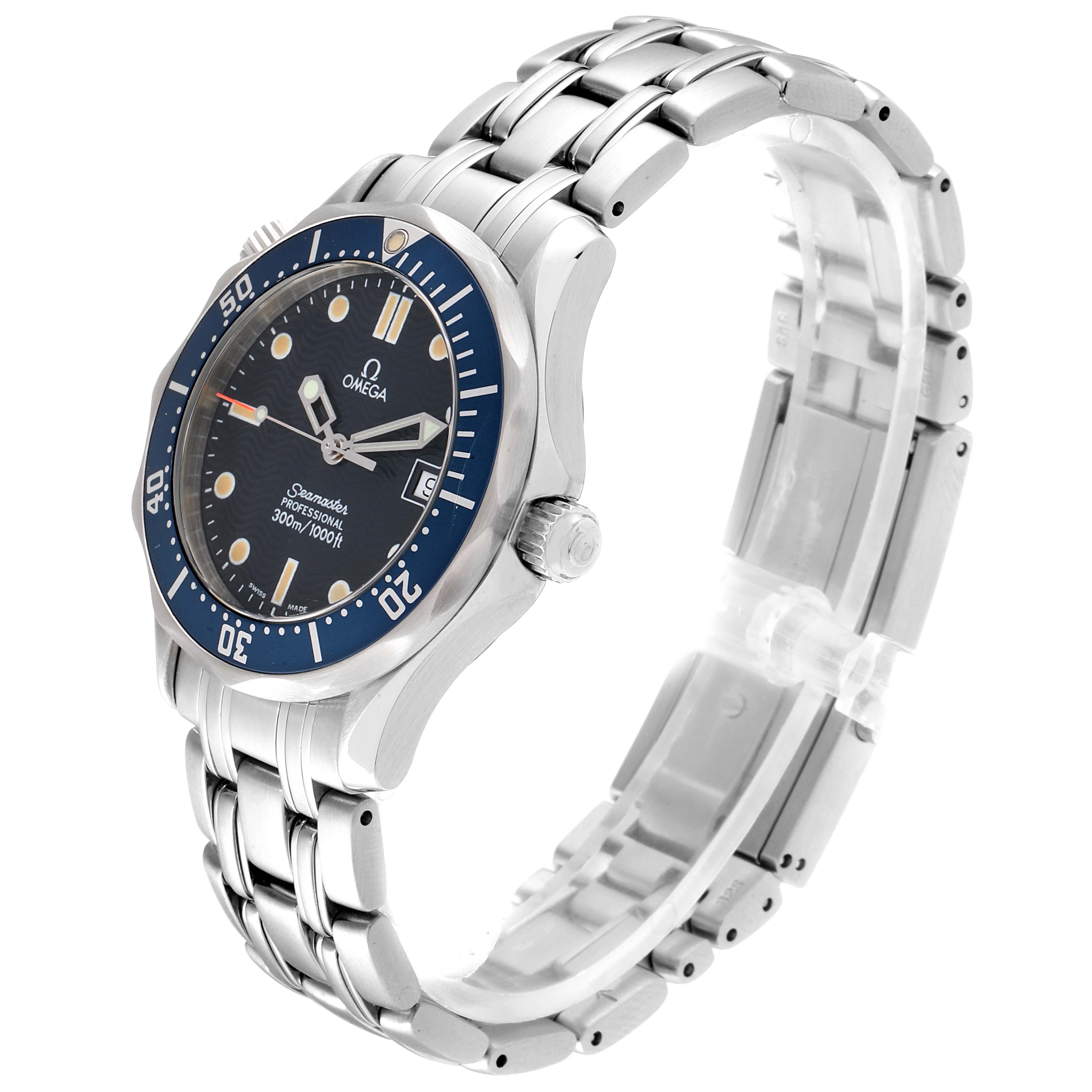 This image shows a side angle of the Omega Seamaster 2561.80.00 Men
s Stainless Steel Blue Dial 2561.80.00 Men
s Stainless Steel Blue Dial watch, highlighting the bezel, dial, and metal bracelet.
