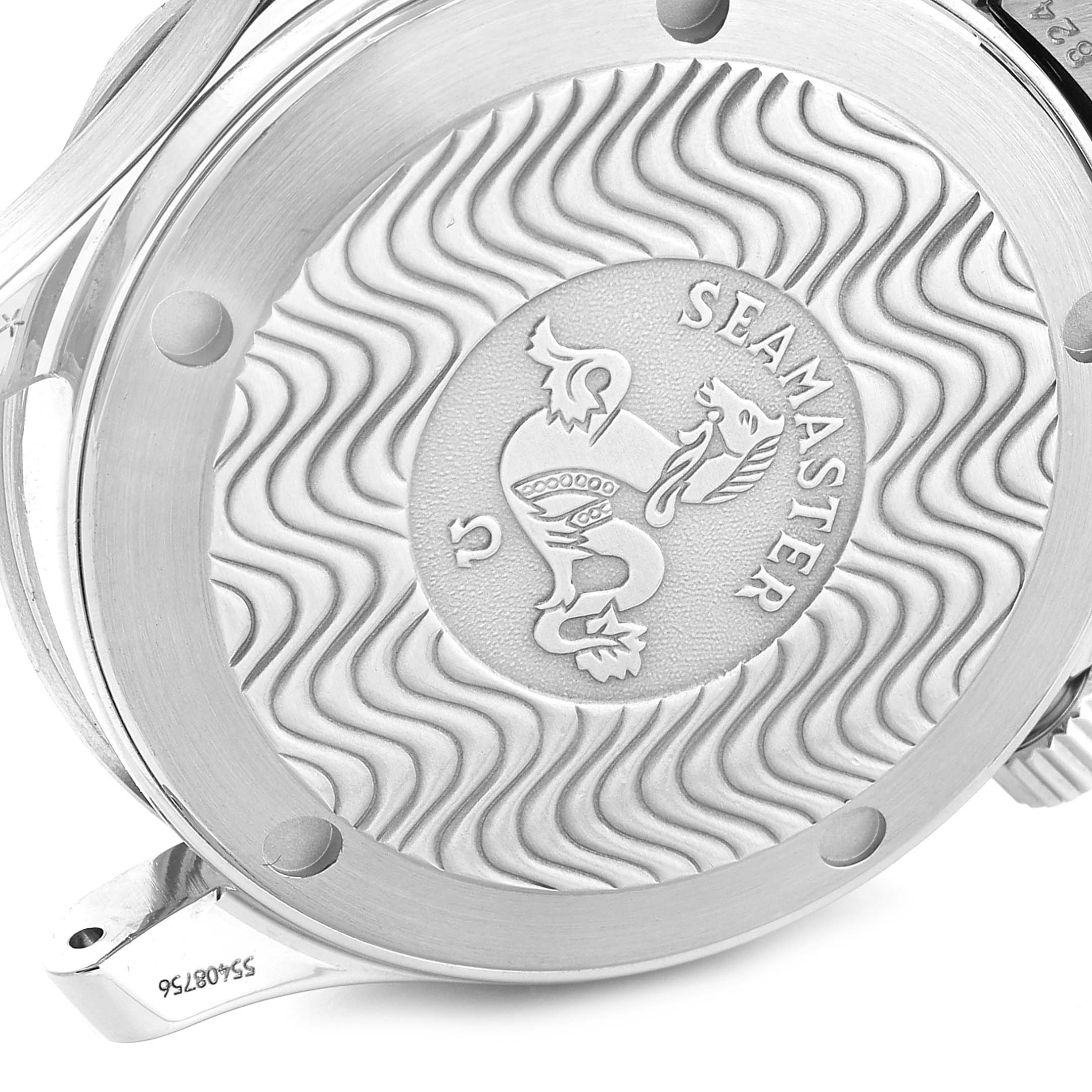 The image shows the back case of an Omega Seamaster 2561.80.00 Men
s Stainless Steel Blue Dial 2561.80.00 Men
s Stainless Steel Blue Dial watch, highlighting its intricate design and engraved logo.