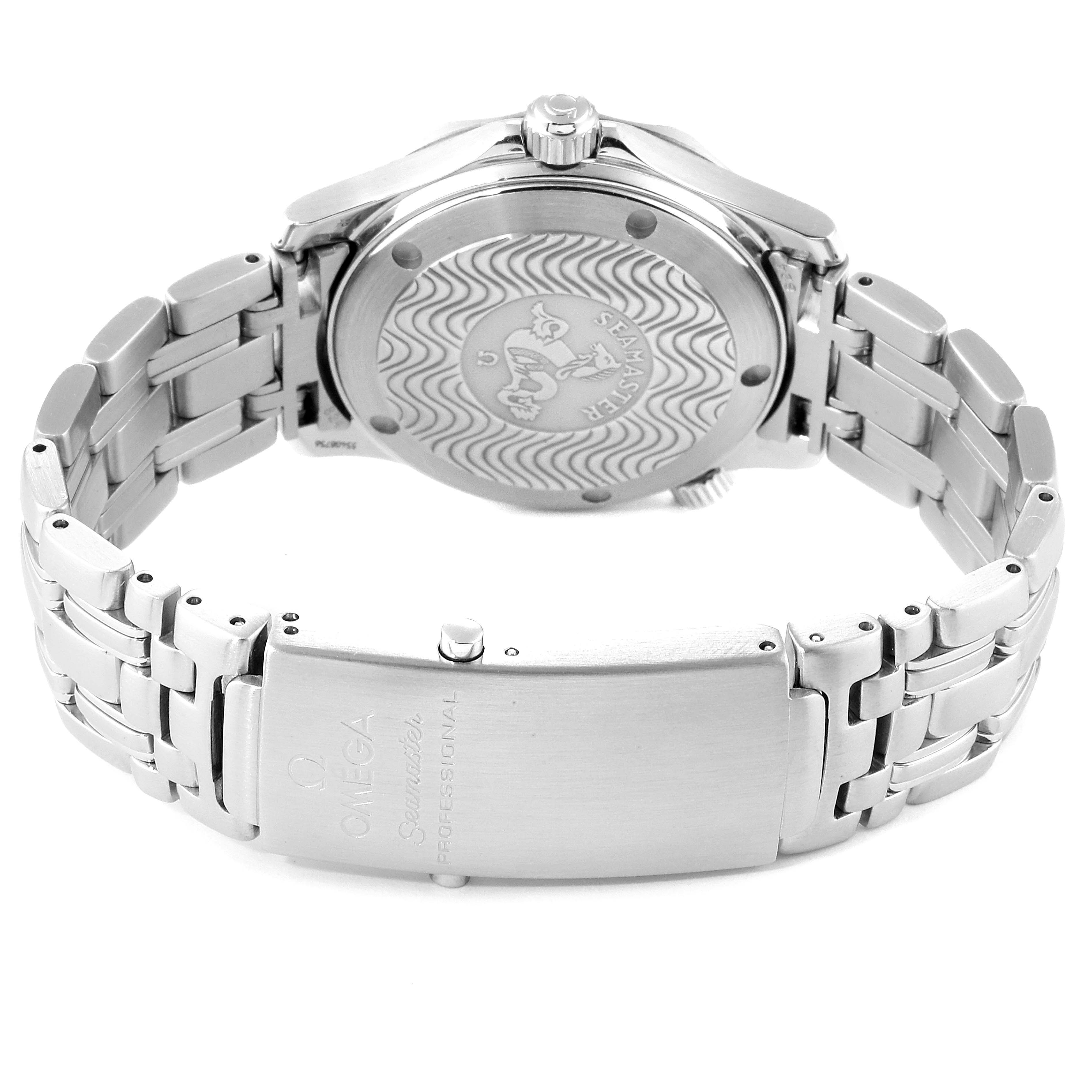 The image shows the back case and bracelet of an Omega Seamaster 2561.80.00 Men
s Stainless Steel Blue Dial 2561.80.00 Men
s Stainless Steel Blue Dial watch, highlighting the engraved back and clasp.