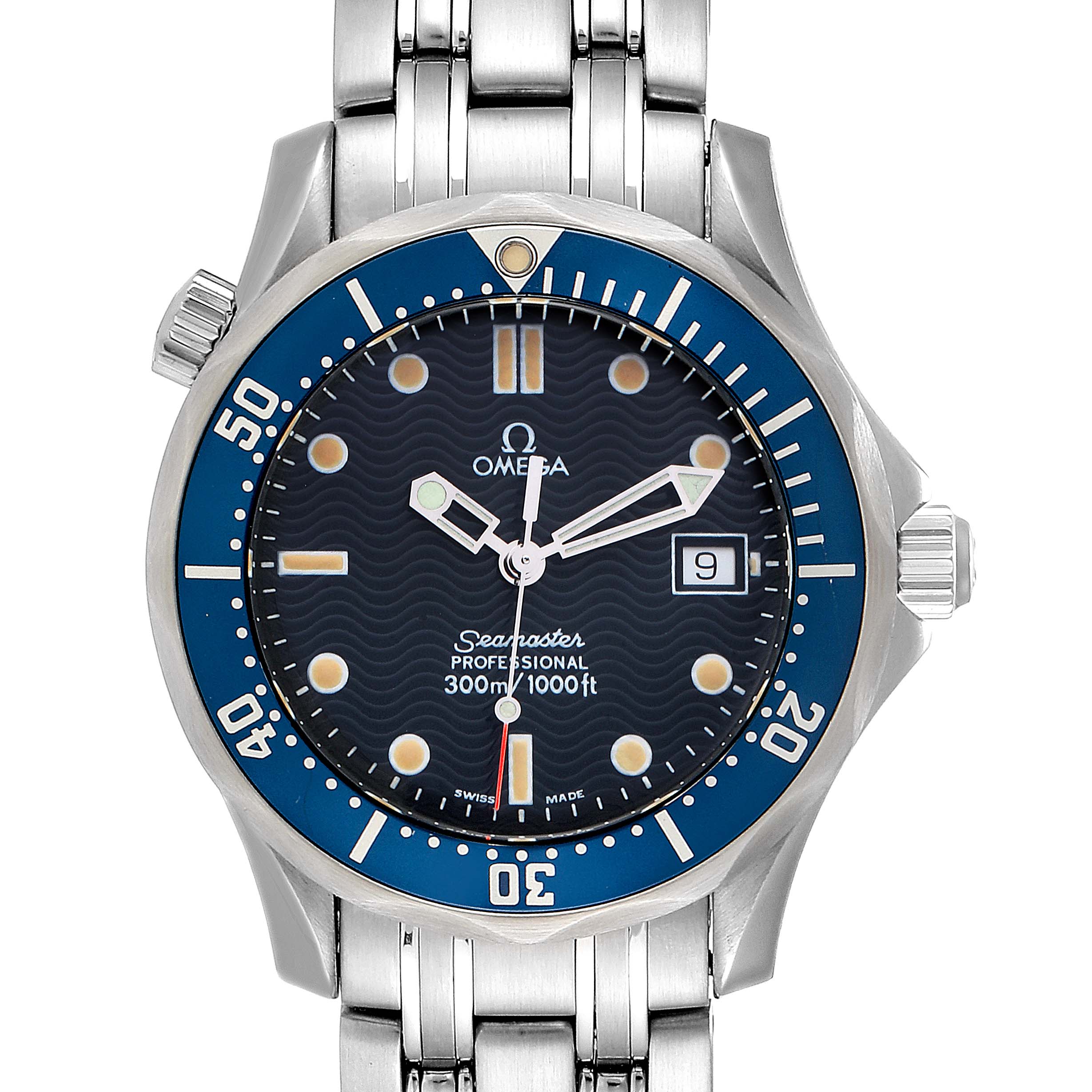 The image shows a front view of the Omega Seamaster 2561.80.00 Men
s Stainless Steel Blue Dial 2561.80.00 Men
s Stainless Steel Blue Dial watch, highlighting its dial, hands, bezel, and metal bracelet.