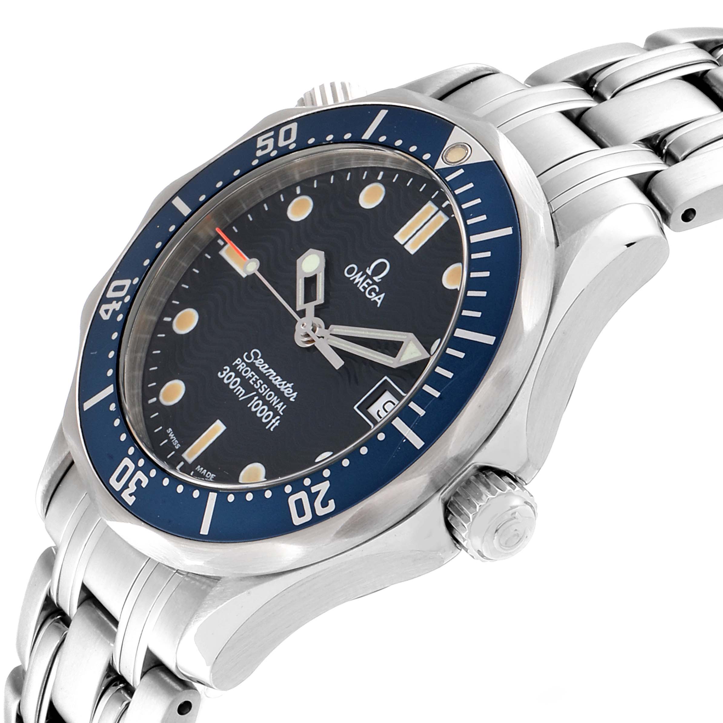 The image shows an Omega Seamaster 2561.80.00 Men
s Stainless Steel Blue Dial 2561.80.00 Men
s Stainless Steel Blue Dial watch at an angle highlighting its blue dial, bezel, crown, and part of its stainless steel bracelet.