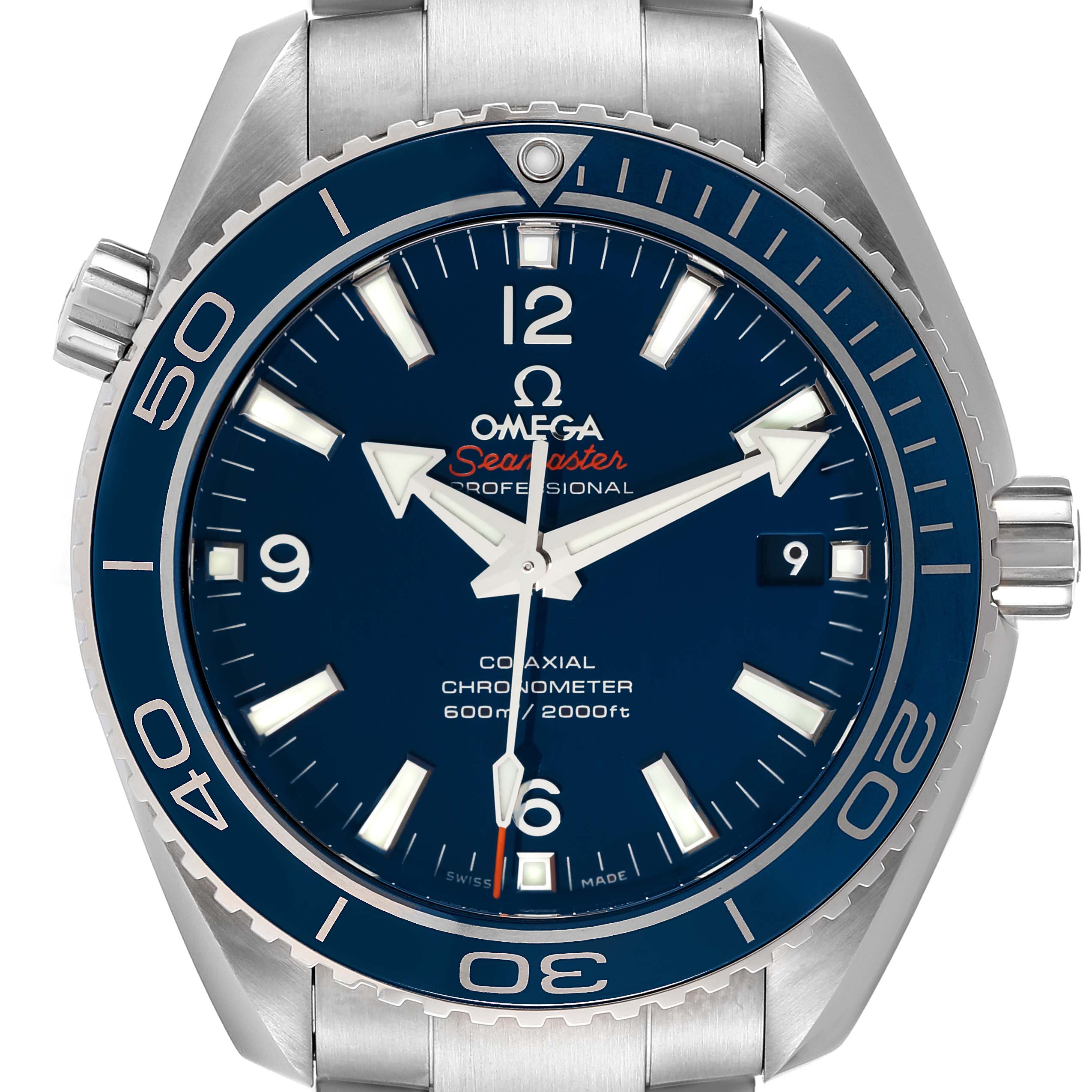 The image shows a front view of the Omega Planet Ocean 232.90.42.21.03.001 Men's Titanium Blue Dial 232.90.42.21.03.001 Men's Titanium Blue Dial Seamaster watch, highlighting the dial, bezel, and part of the bracelet.